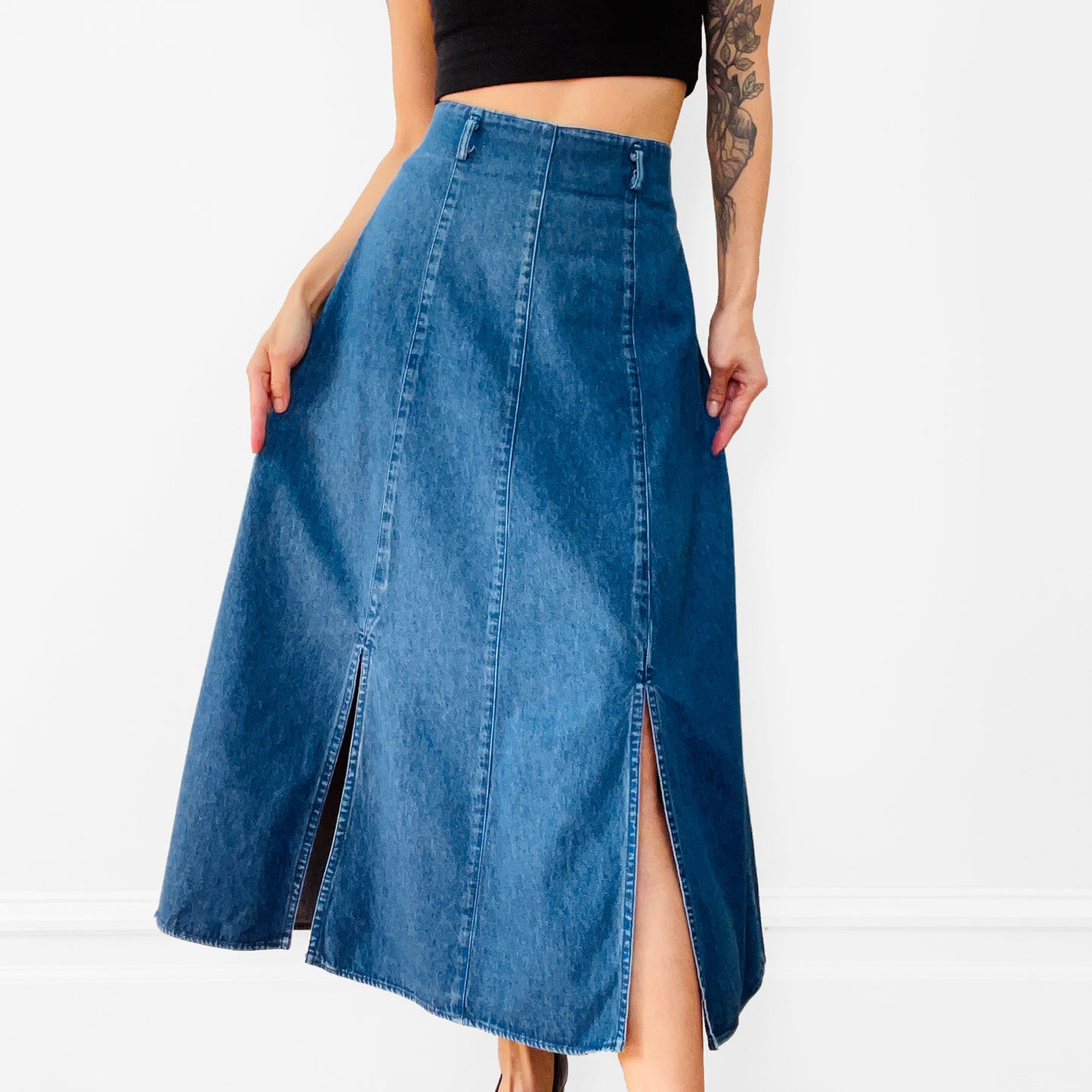 1990s Blue Denim Jean Chambray Split-Front A-line Skirt