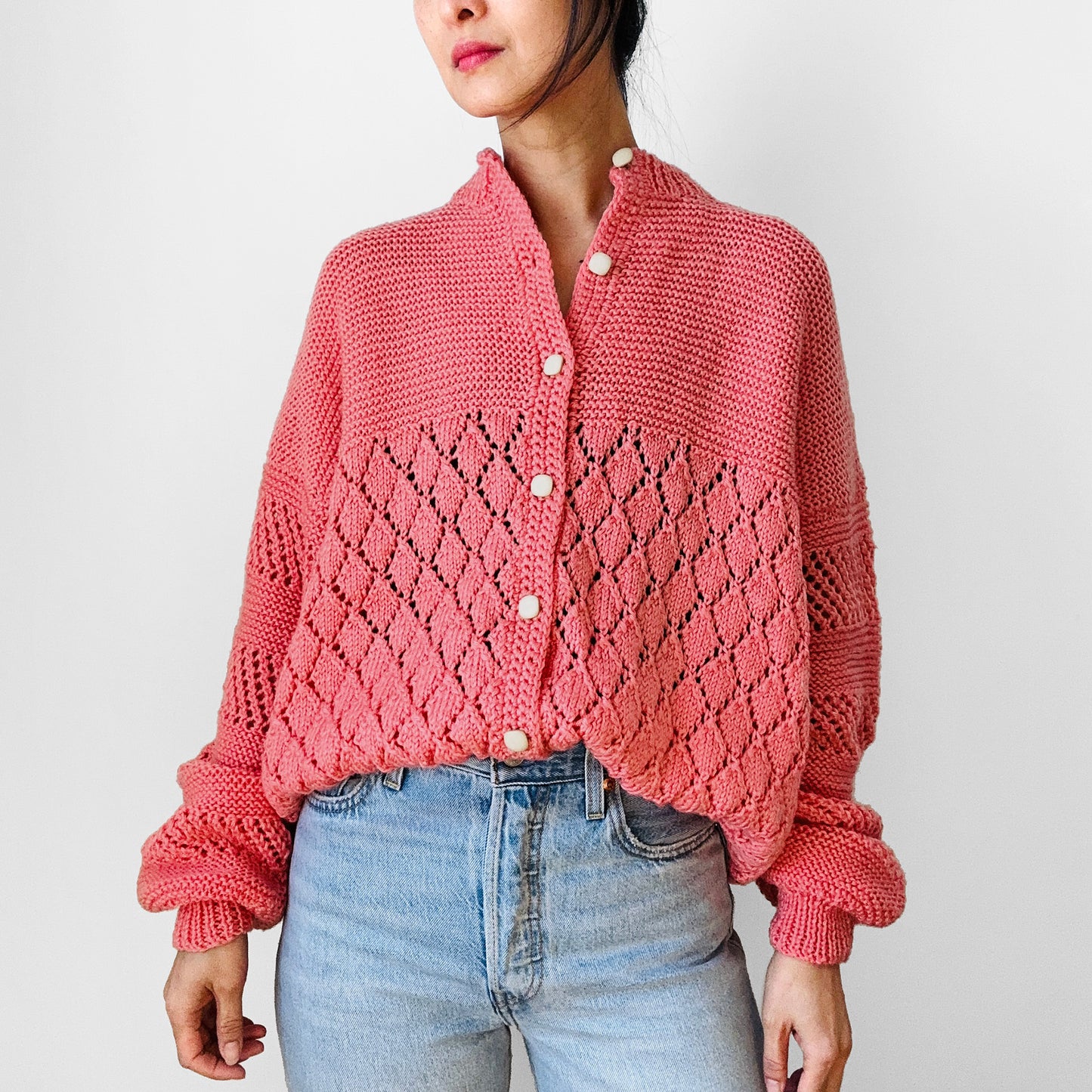 1970 Dusty Rose Pink Textured Hand-Knit Handmade Relaxed Fit Cardigan Sweater