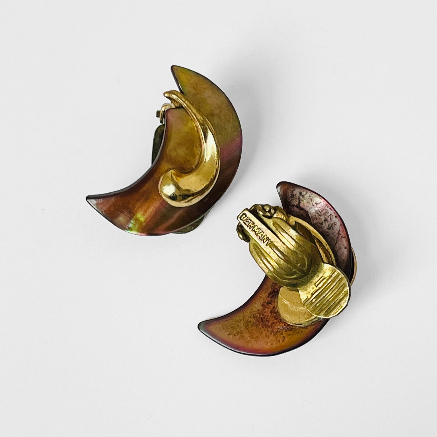 Gold-Toned Iridescent Shell Crescent Moon German Stamped Clip Earrings