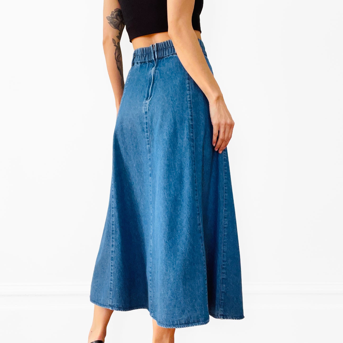 1990s Blue Denim Jean Chambray Split-Front A-line Skirt