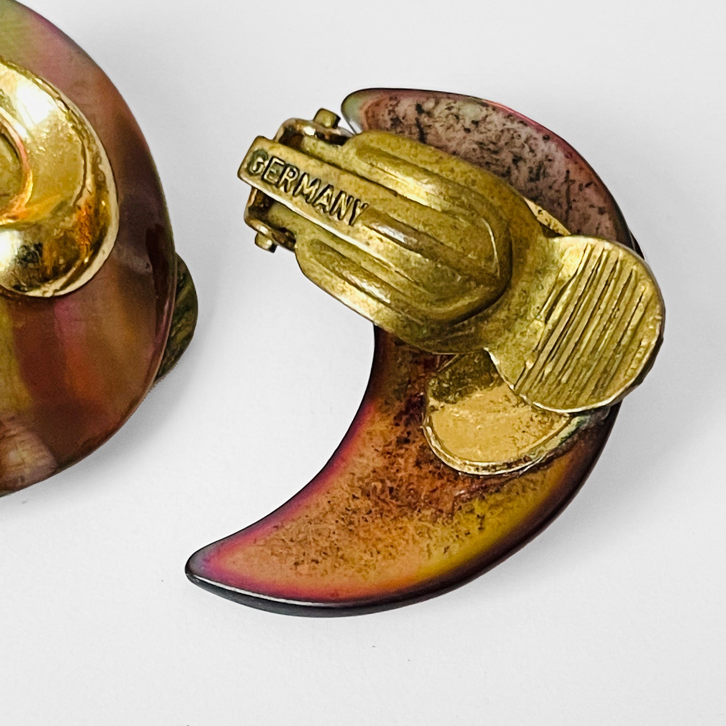 Gold-Toned Iridescent Shell Crescent Moon German Stamped Clip Earrings