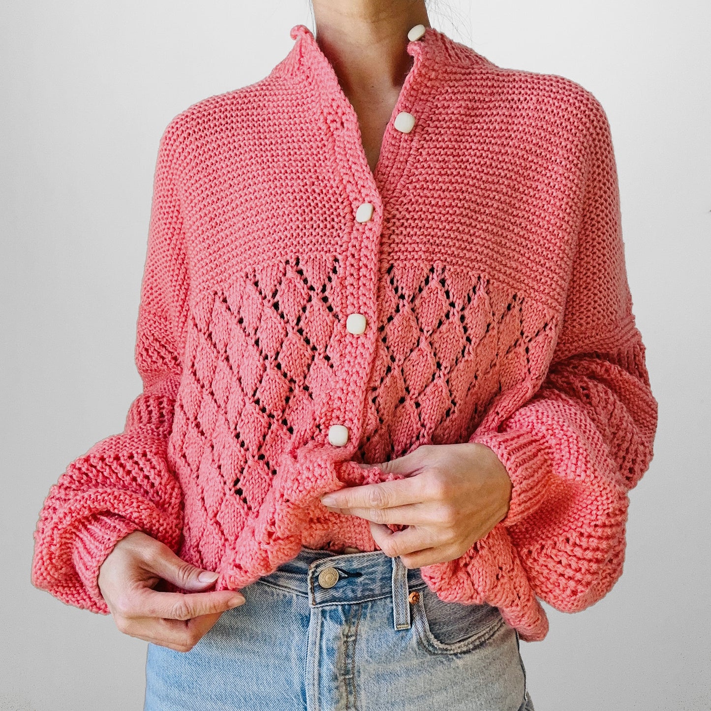 1970 Dusty Rose Pink Textured Hand-Knit Handmade Relaxed Fit Cardigan Sweater