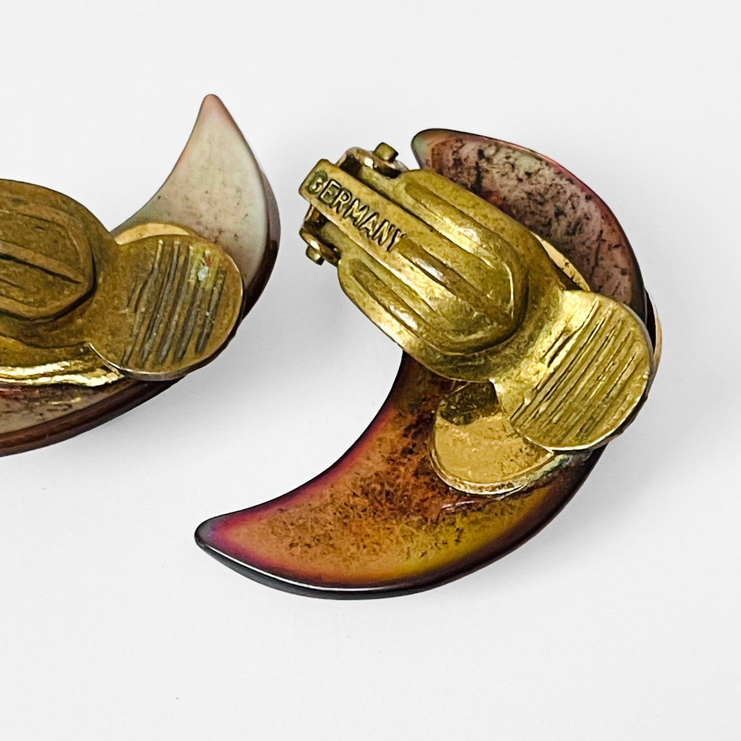 Gold-Toned Iridescent Shell Crescent Moon German Stamped Clip Earrings