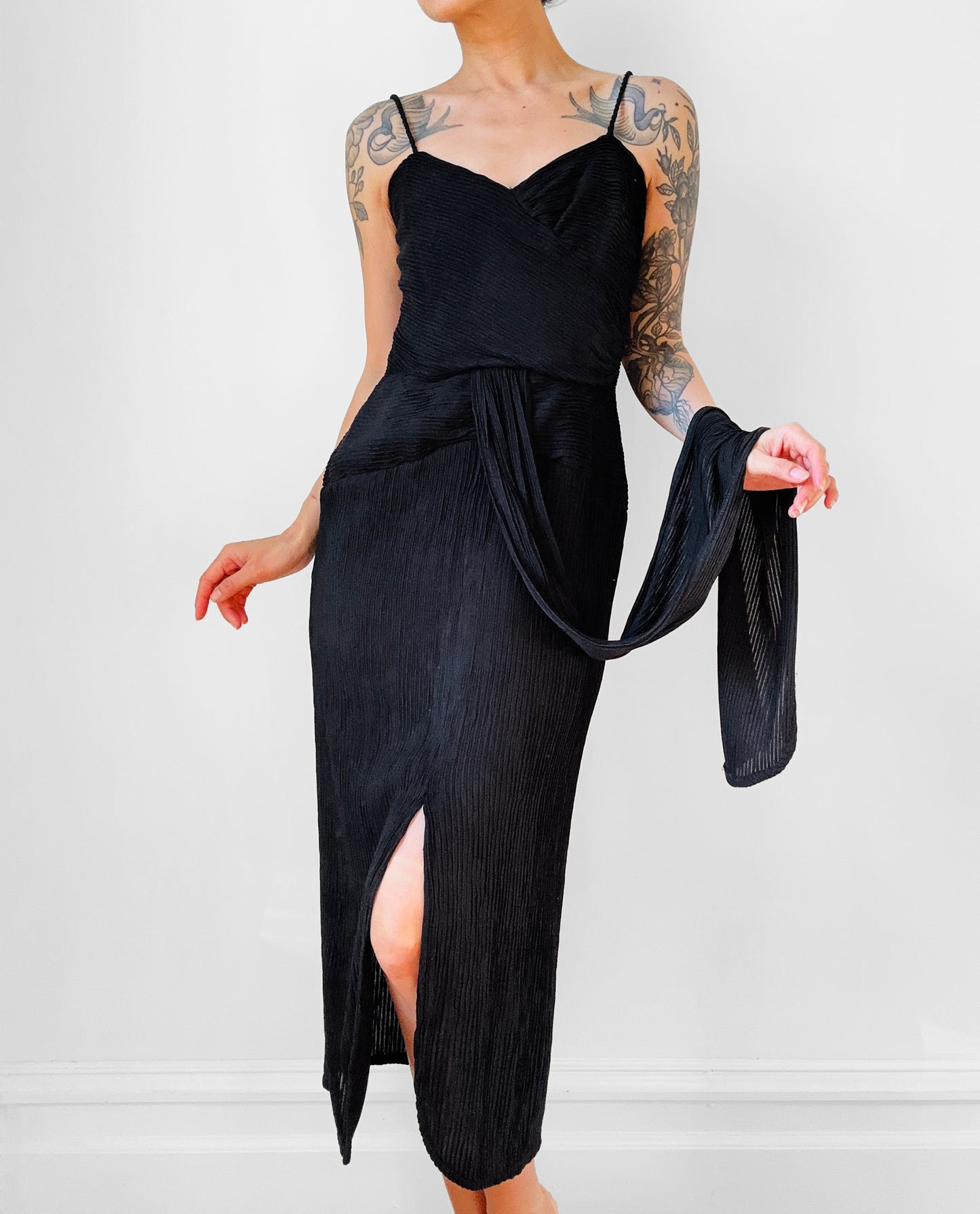 Black Ruched Drape Form Fitting Cocktail Dress - Sz. S