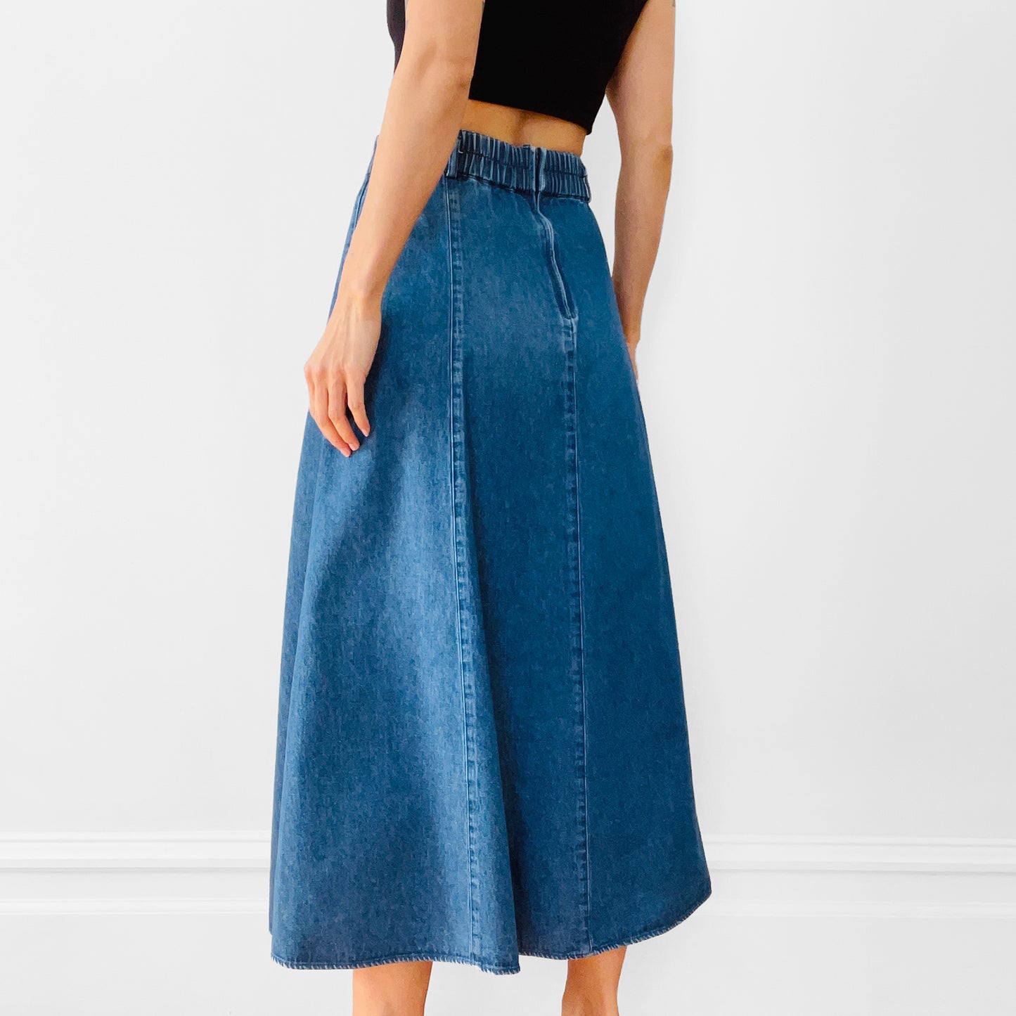 1990s Blue Denim Jean Chambray Split-Front A-line Skirt