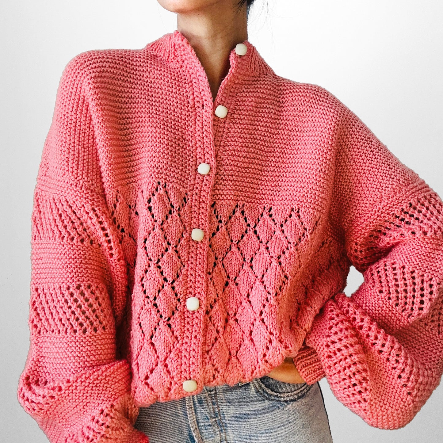 1970 Dusty Rose Pink Textured Hand-Knit Handmade Relaxed Fit Cardigan Sweater