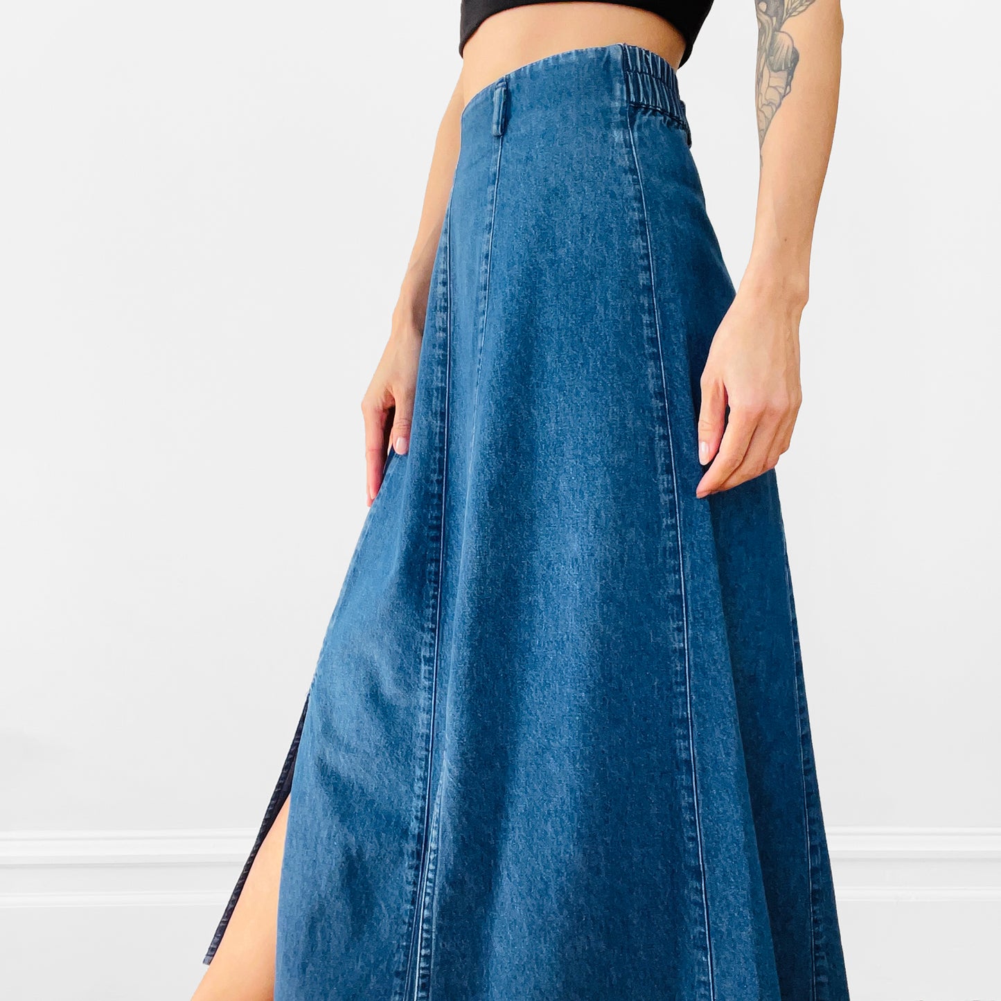 1990s Blue Denim Jean Chambray Split-Front A-line Skirt