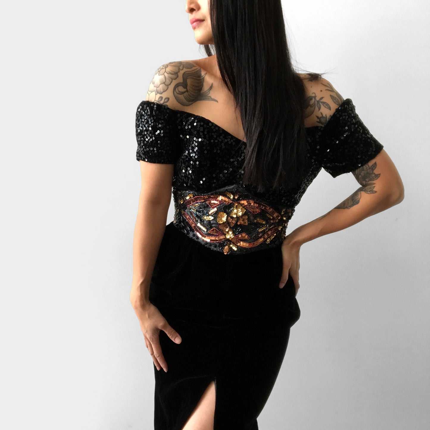 1980s Sequins Black Velvet Beaded Dress