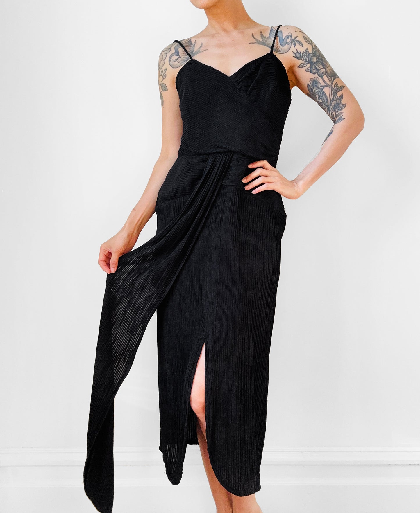 Black Ruched Drape Form Fitting Cocktail Dress - Sz. S