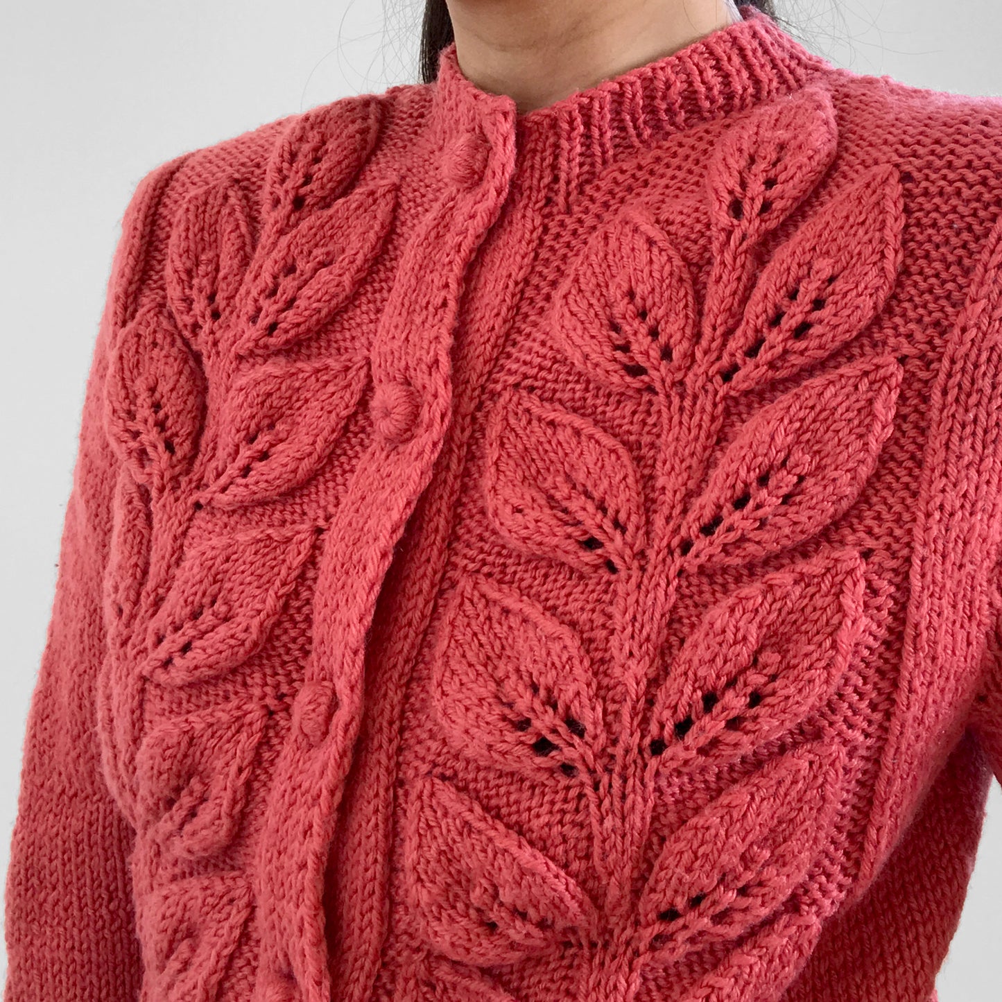 Hand-Knit Handmade Leaf-Patterned Dark Dusty-Rose Pink Cardigan Sweater