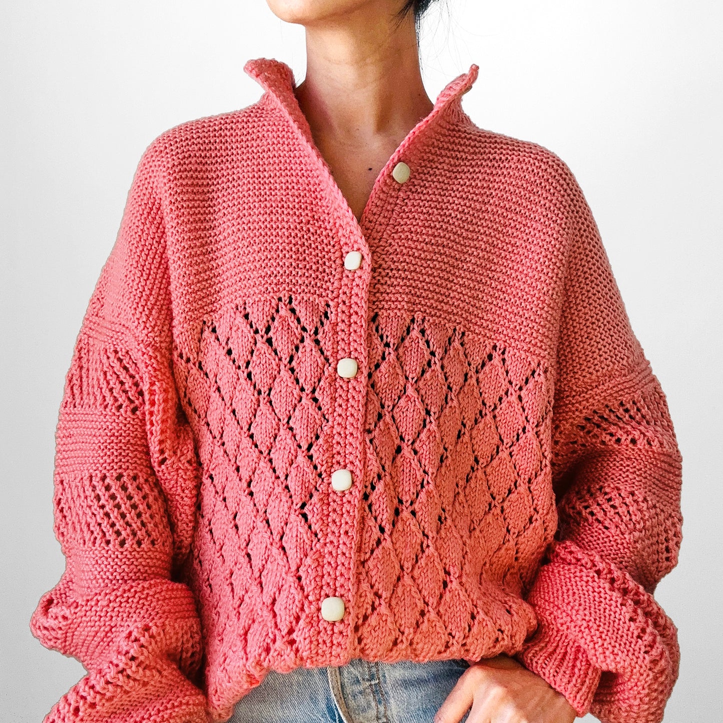 1970 Dusty Rose Pink Textured Hand-Knit Handmade Relaxed Fit Cardigan Sweater