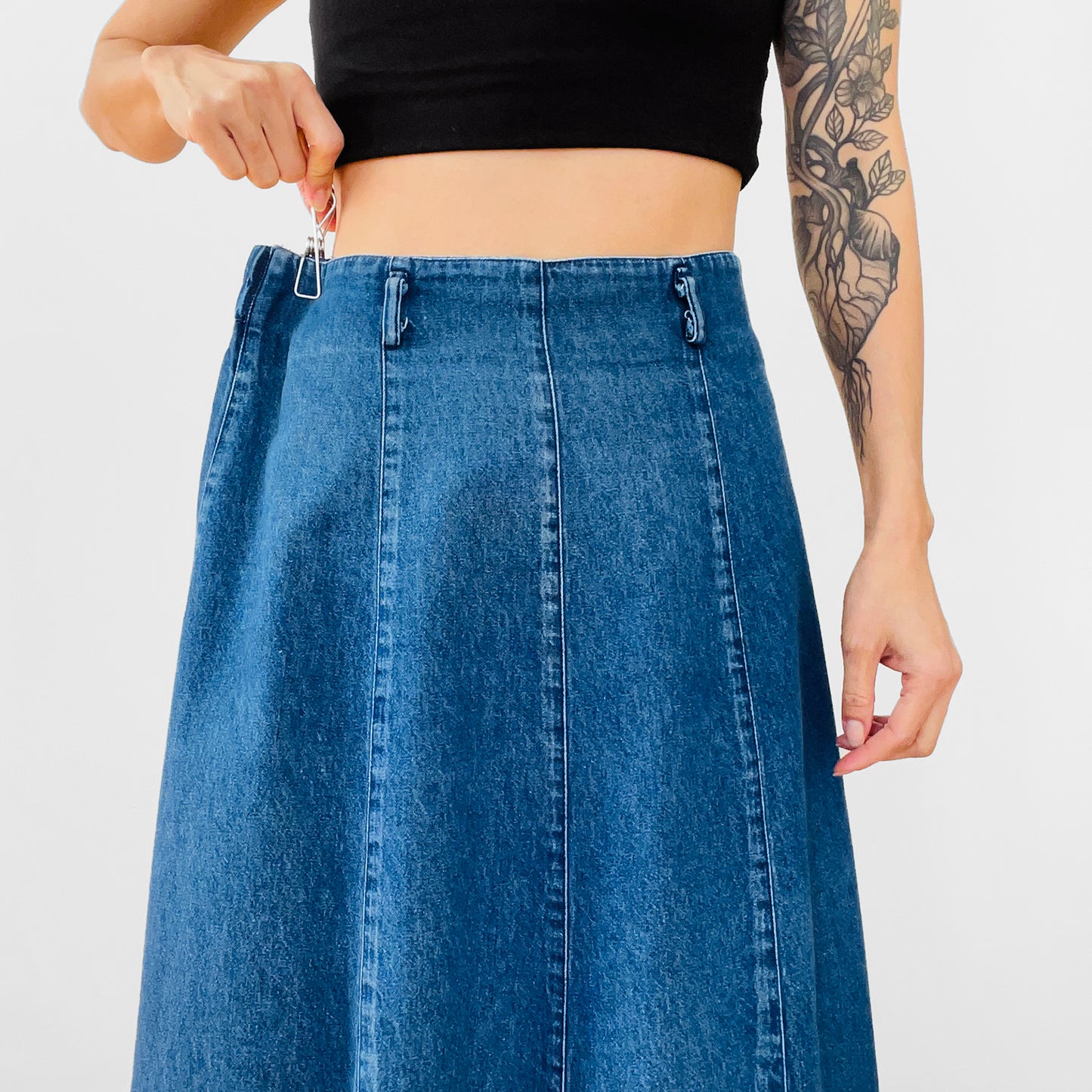 1990s Blue Denim Jean Chambray Split-Front A-line Skirt