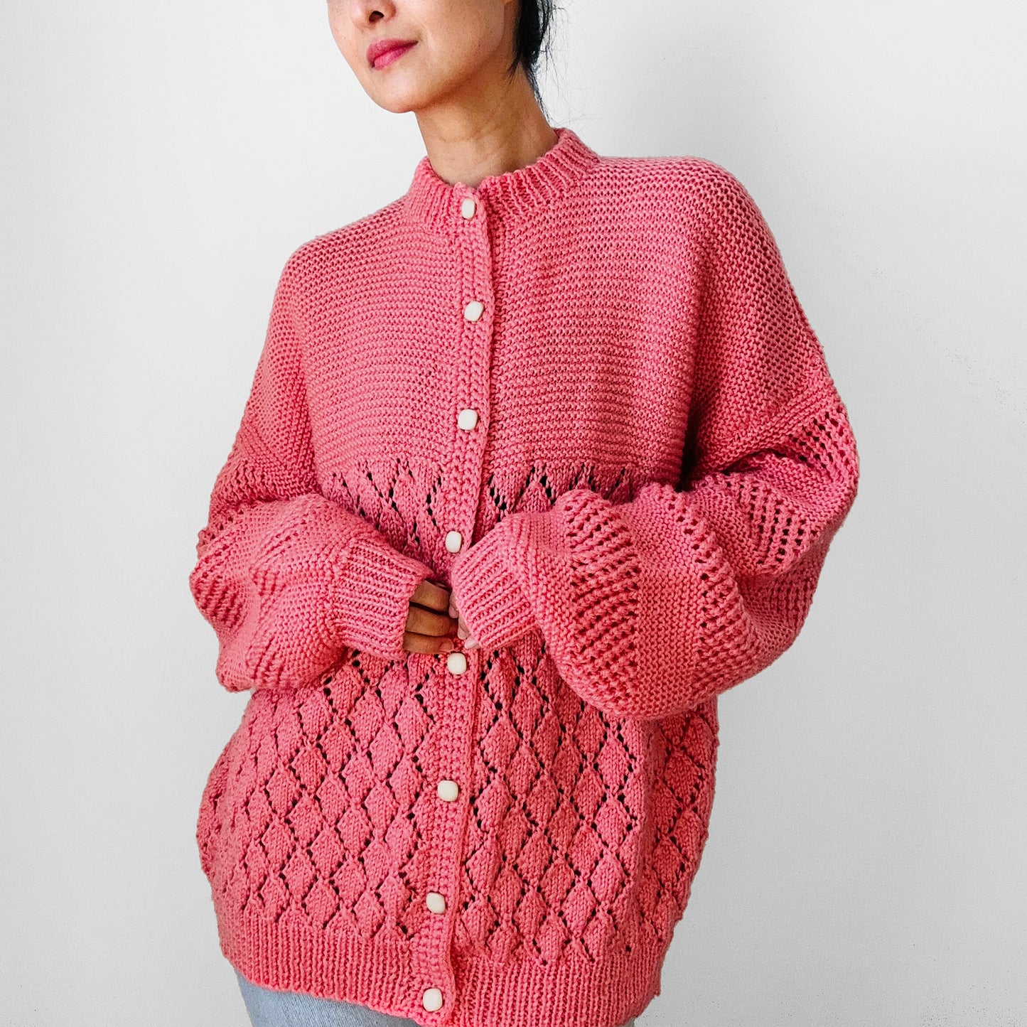 1970 Dusty Rose Pink Textured Hand-Knit Handmade Relaxed Fit Cardigan Sweater