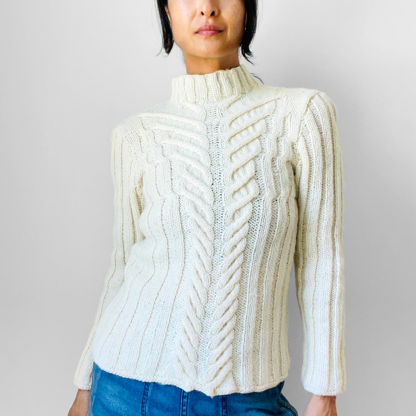 Cream Wool Cable-Knit Mock Neck Fitted Ribbed Knit Pullover Sweater