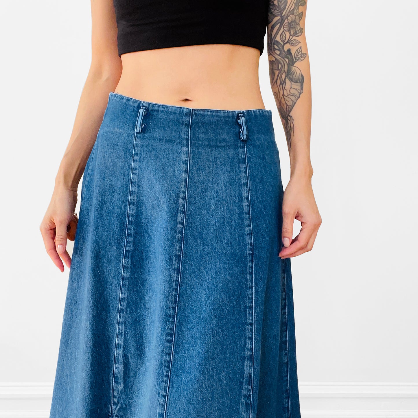 1990s Blue Denim Jean Chambray Split-Front A-line Skirt