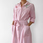 Red and White Striped Rose Embroidered Collared Button-Front Belted Housedress