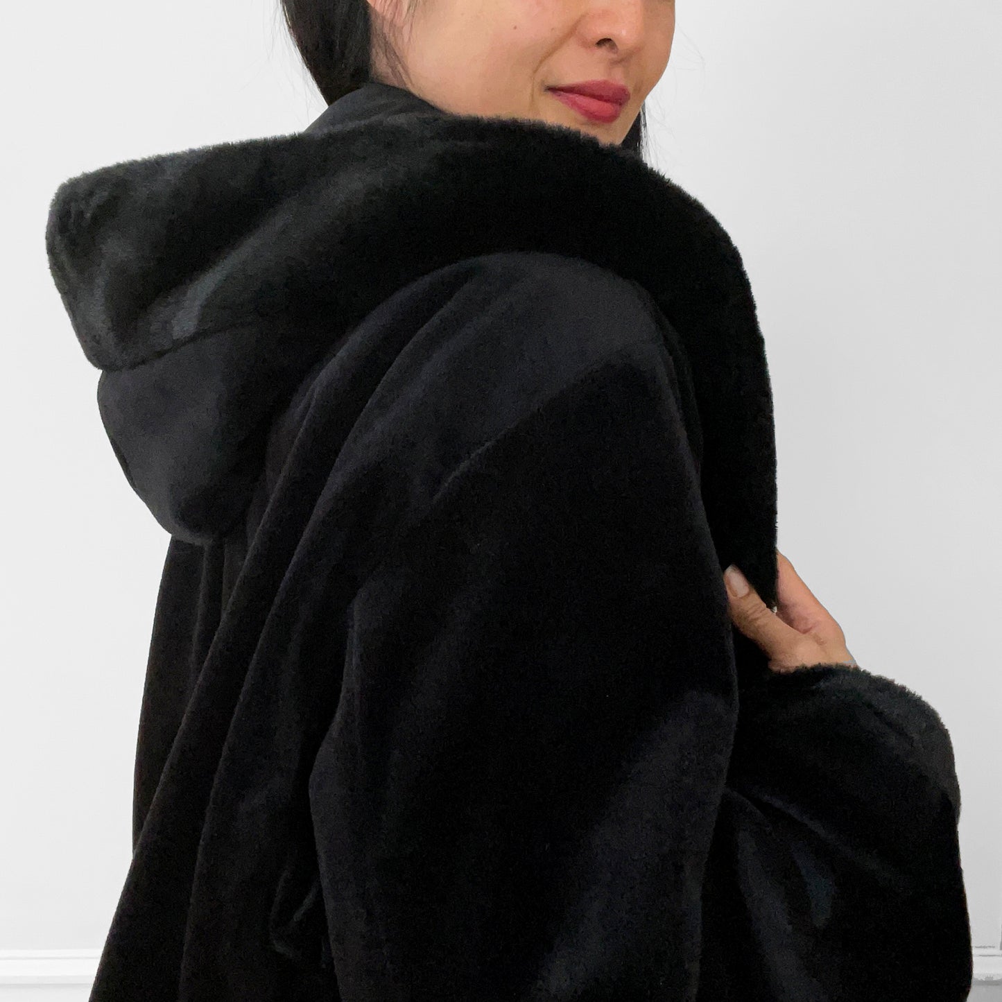 1980s Black Faux-Fur Reversible Hooded A-Line Coat