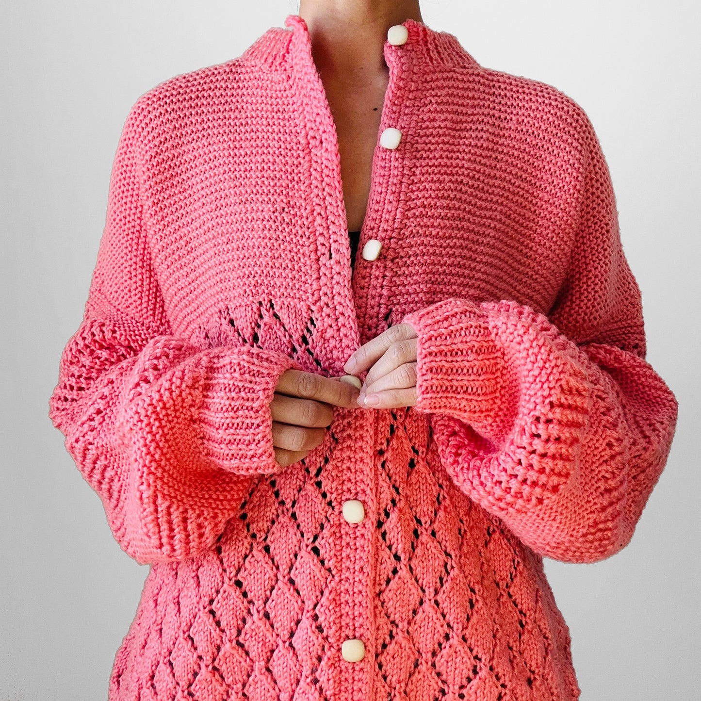 1970 Dusty Rose Pink Textured Hand-Knit Handmade Relaxed Fit Cardigan Sweater