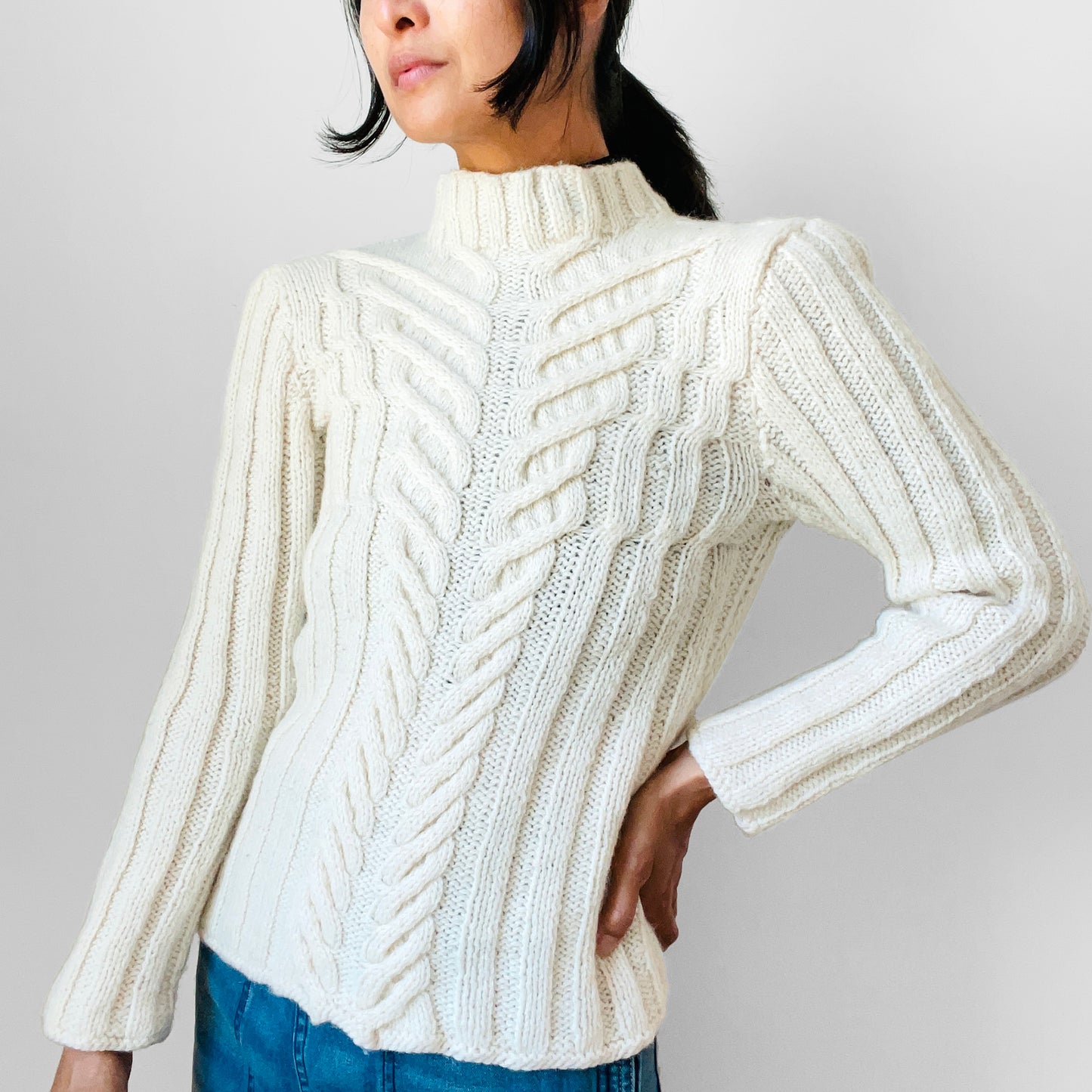 Cream Wool Cable-Knit Mock Neck Fitted Ribbed Knit Pullover Sweater