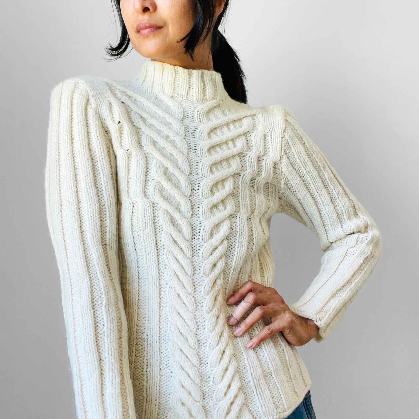 Cream Wool Cable-Knit Mock Neck Fitted Ribbed Knit Pullover Sweater