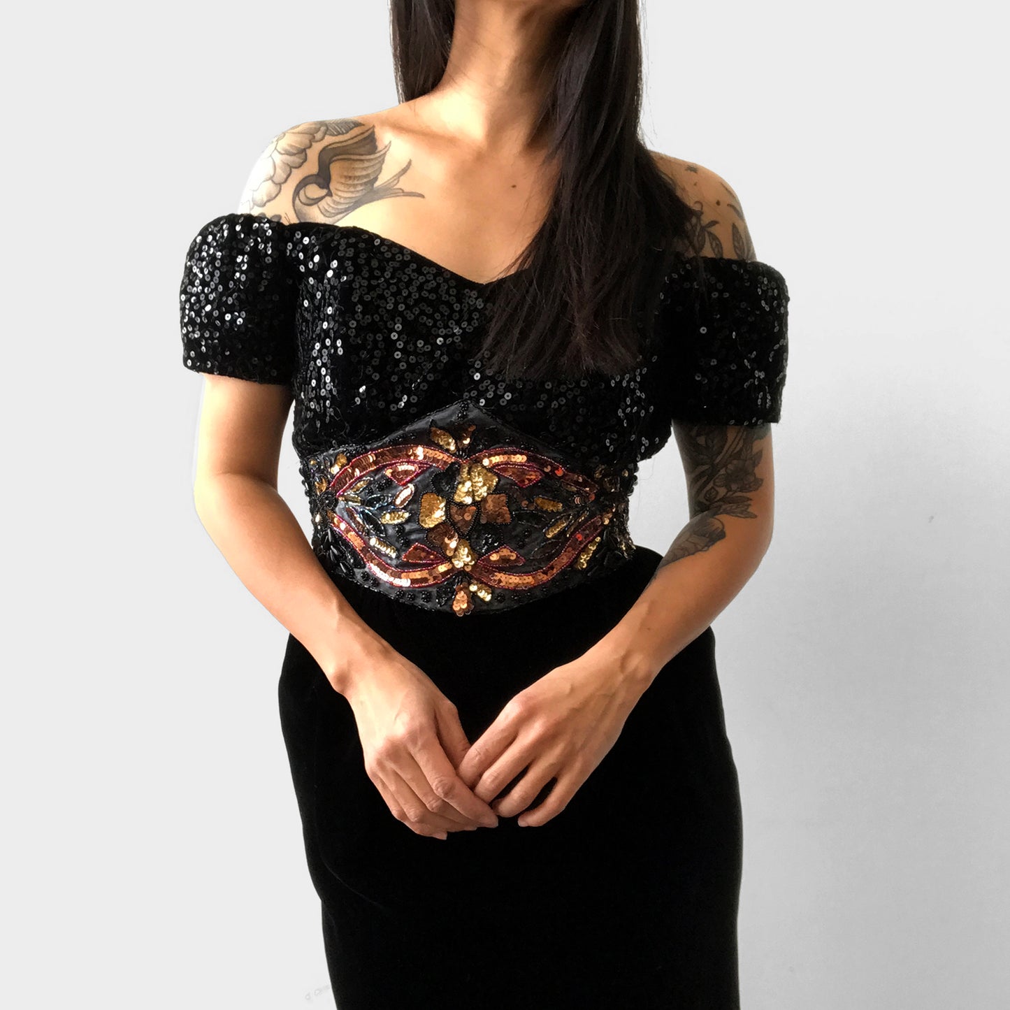 1980s Sequins Black Velvet Beaded Dress