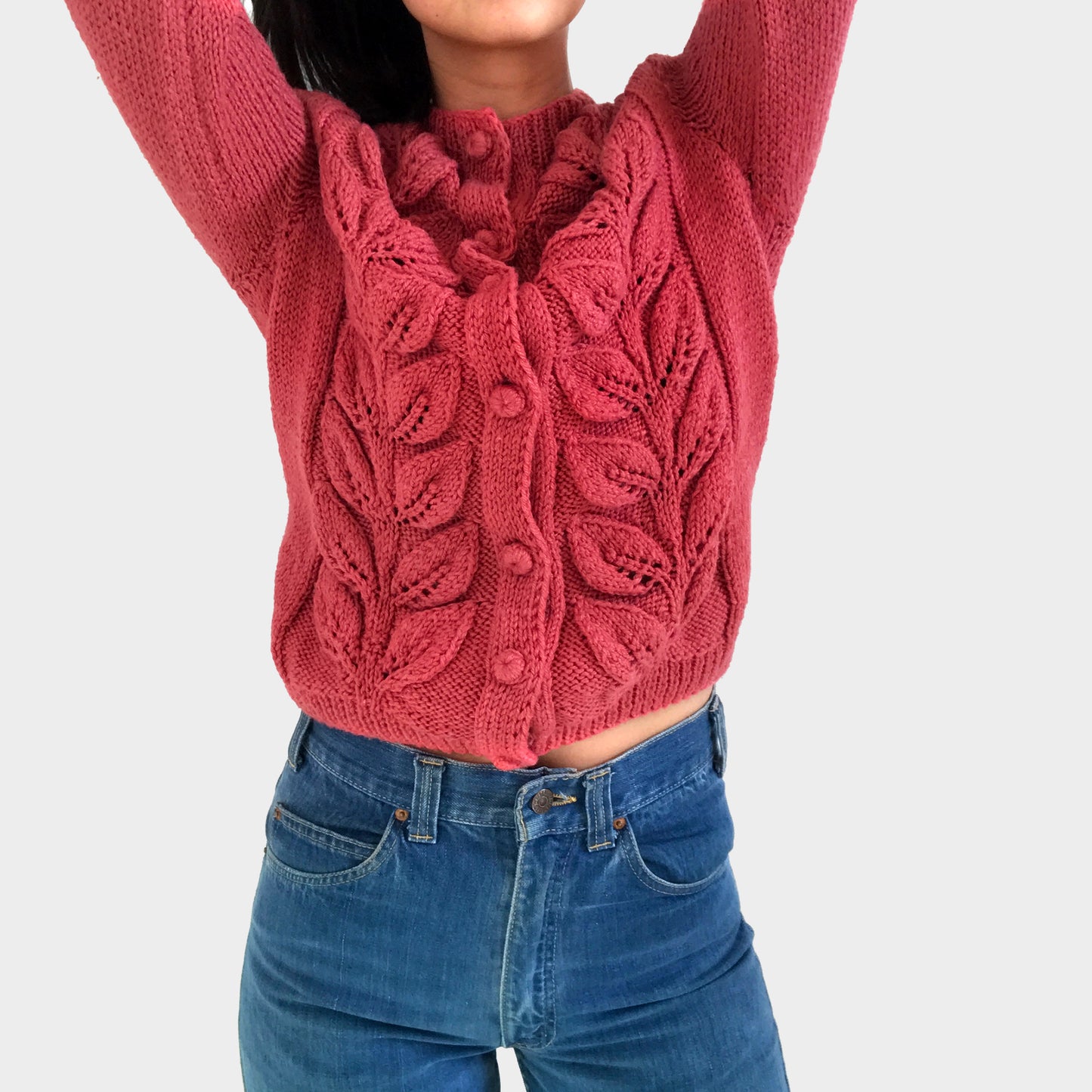 Hand-Knit Handmade Leaf-Patterned Dark Dusty-Rose Pink Cardigan Sweater