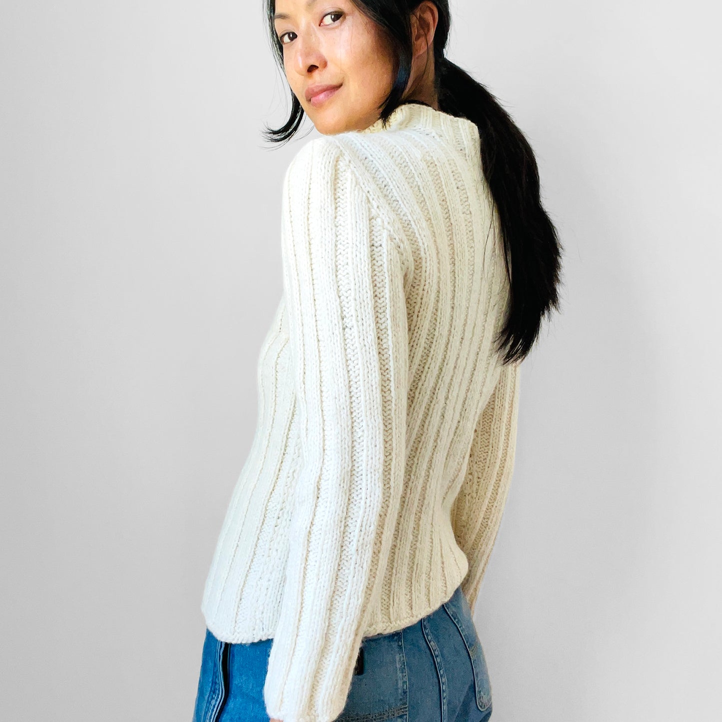 Cream Wool Cable-Knit Mock Neck Fitted Ribbed Knit Pullover Sweater