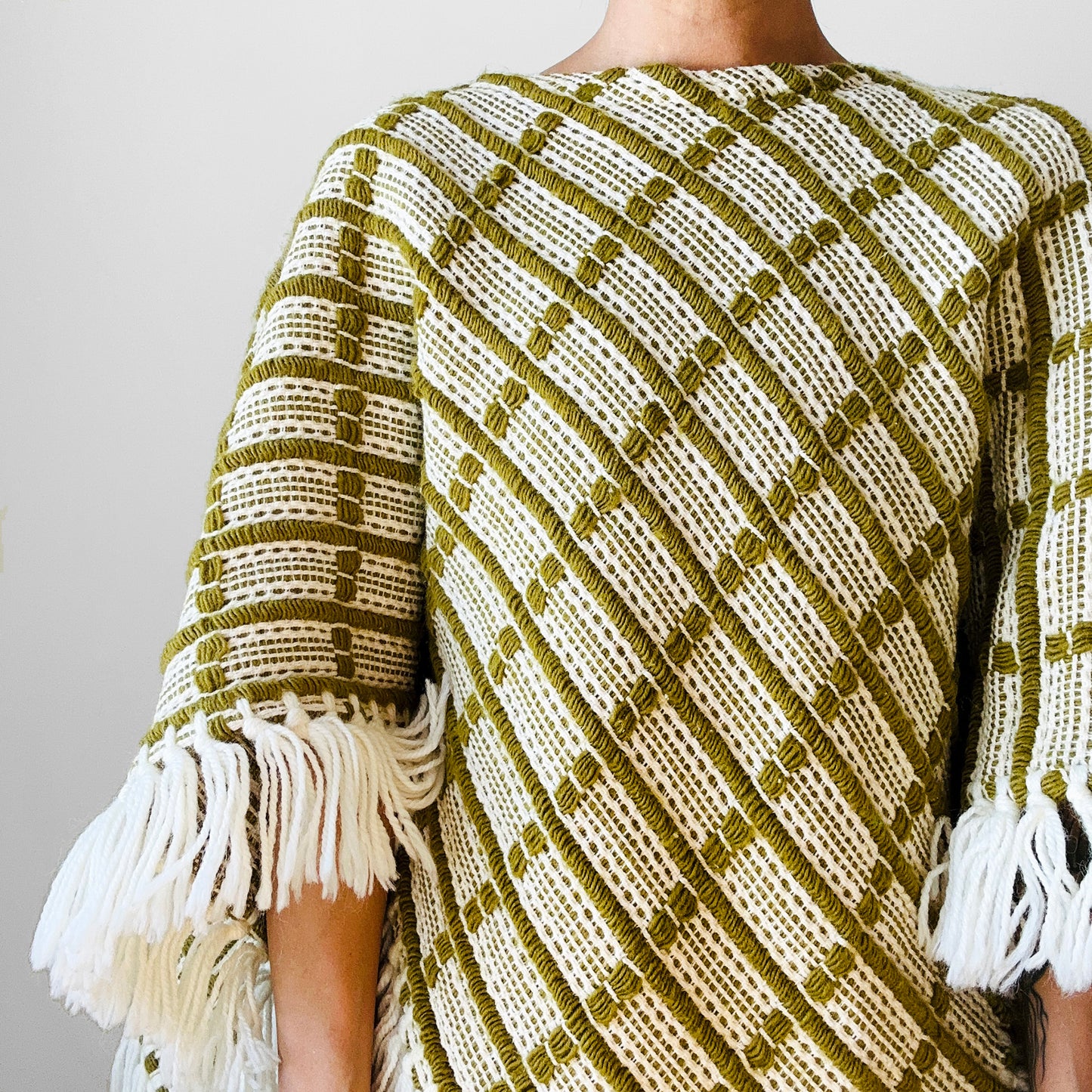 1970s Chartreuse Green and Cream Loomed Wool Woven Poncho