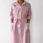 Red and White Striped Rose Embroidered Collared Button-Front Belted Housedress
