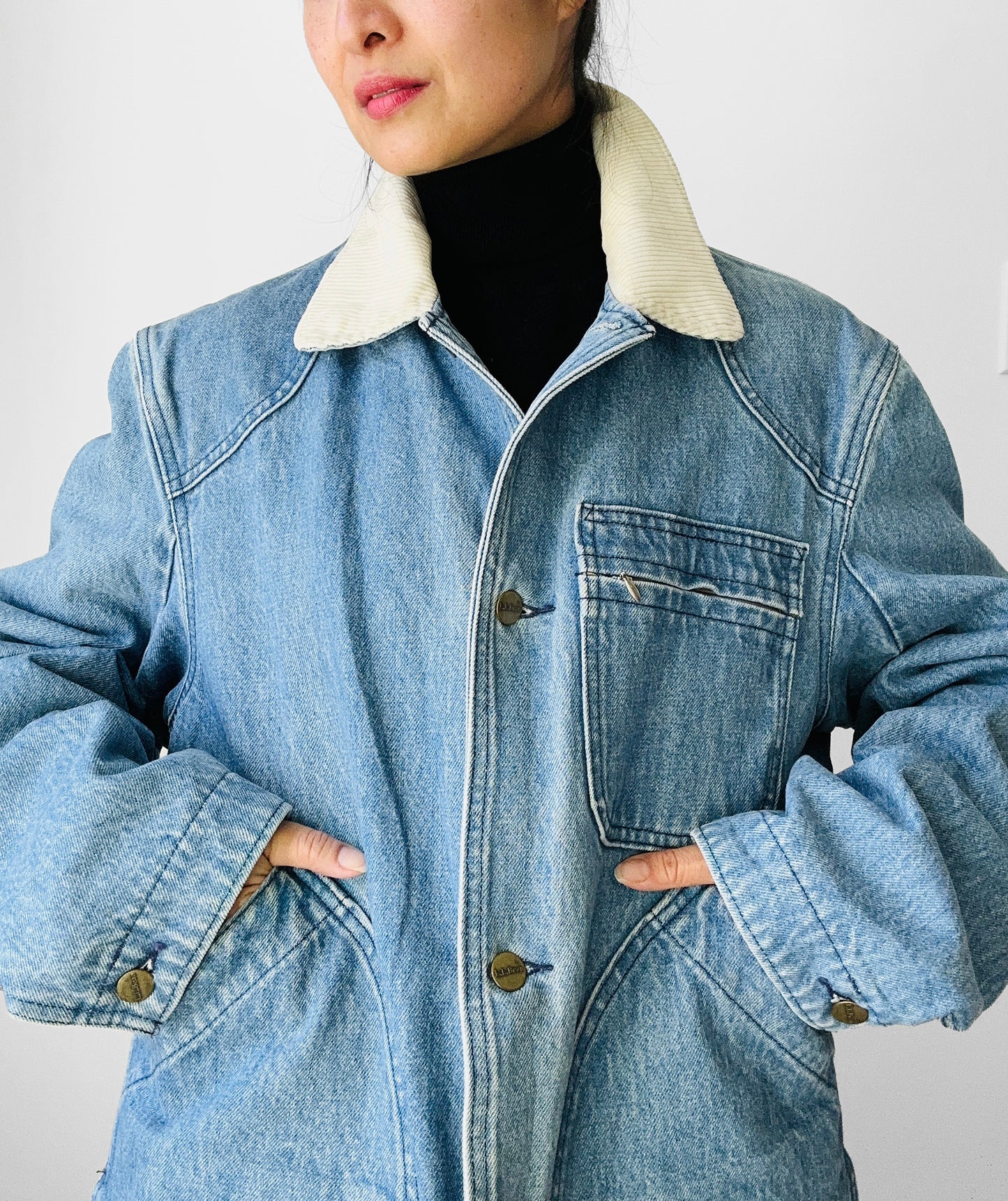 1980s LL Bean Light Wash Denim and Wool Corduroy Collar Chore Jacket with Removable Lining - S/M