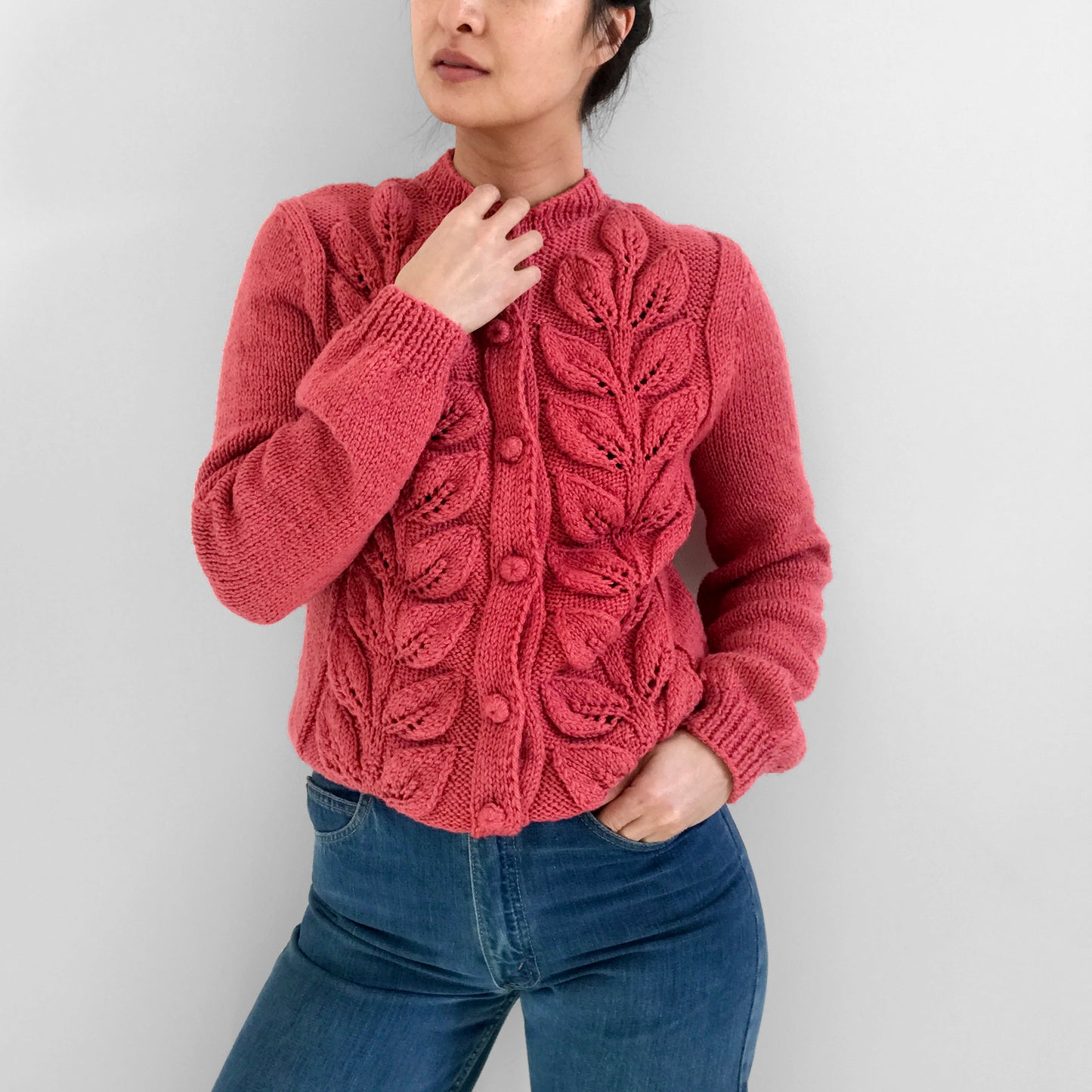 Hand-Knit Handmade Leaf-Patterned Dark Dusty-Rose Pink Cardigan Sweater