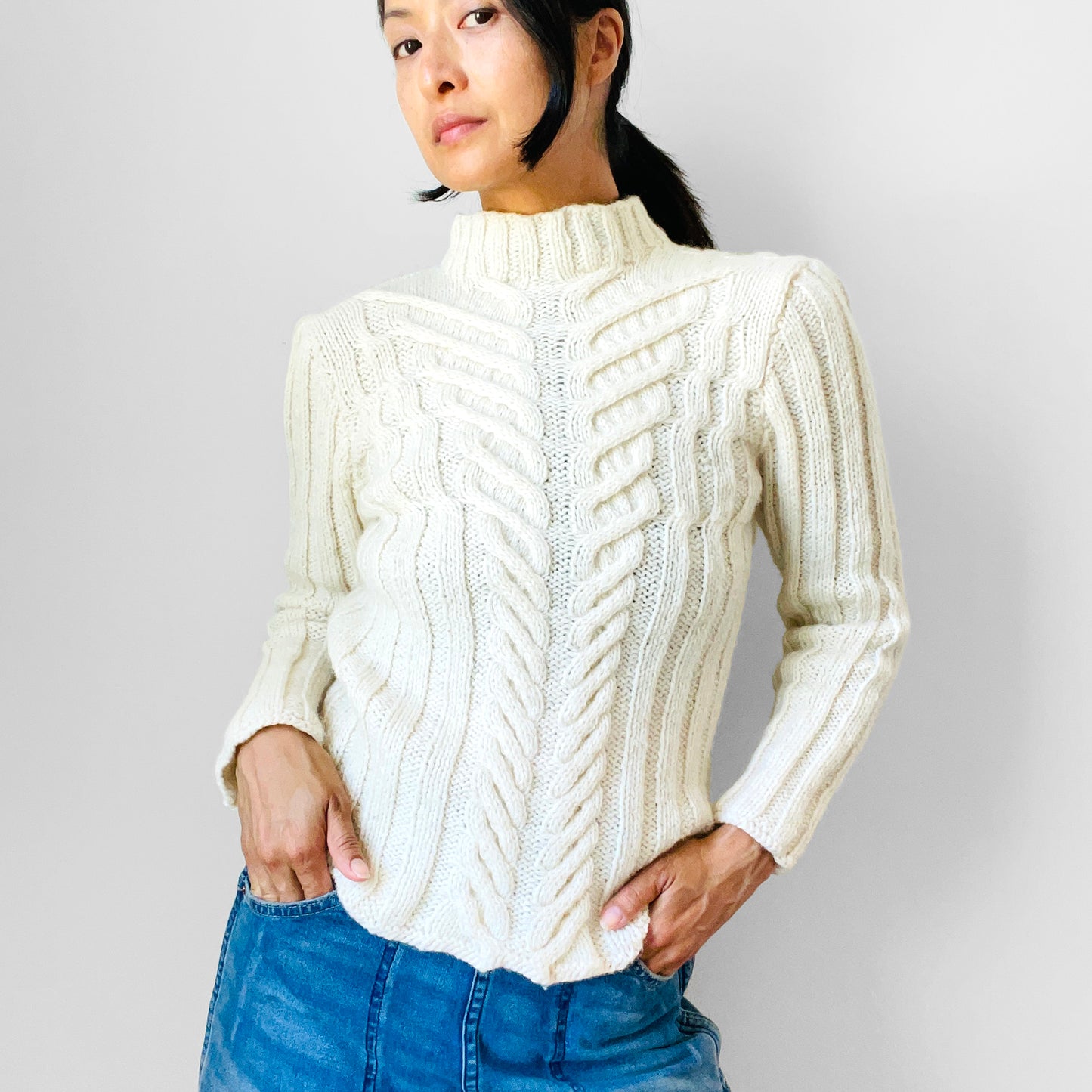 Cream Wool Cable-Knit Mock Neck Fitted Ribbed Knit Pullover Sweater