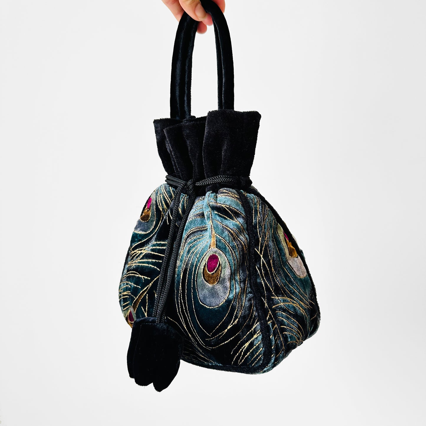 Black and Teal Blue Velvet Peacock Feather Drawstring Pouch