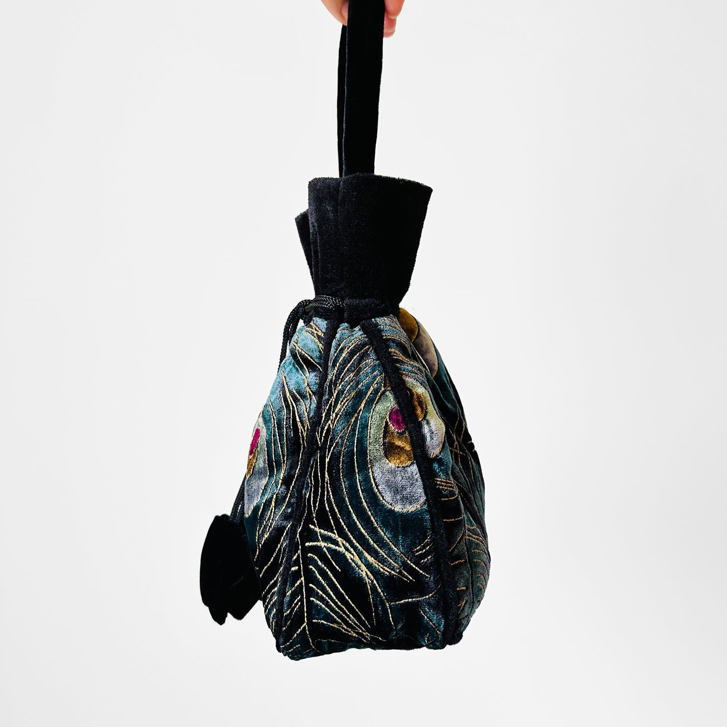 Black and Teal Blue Velvet Peacock Feather Drawstring Pouch