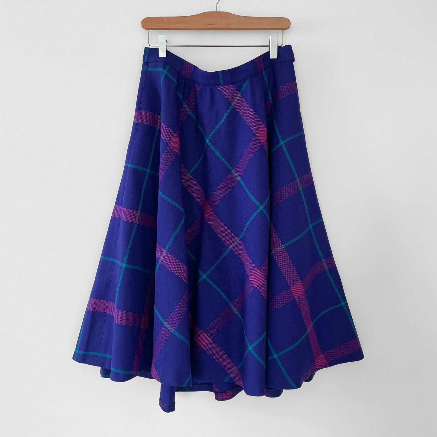 1980s Made in Canada Purple and Pink Plaid Fit and Flare Wool Skirt