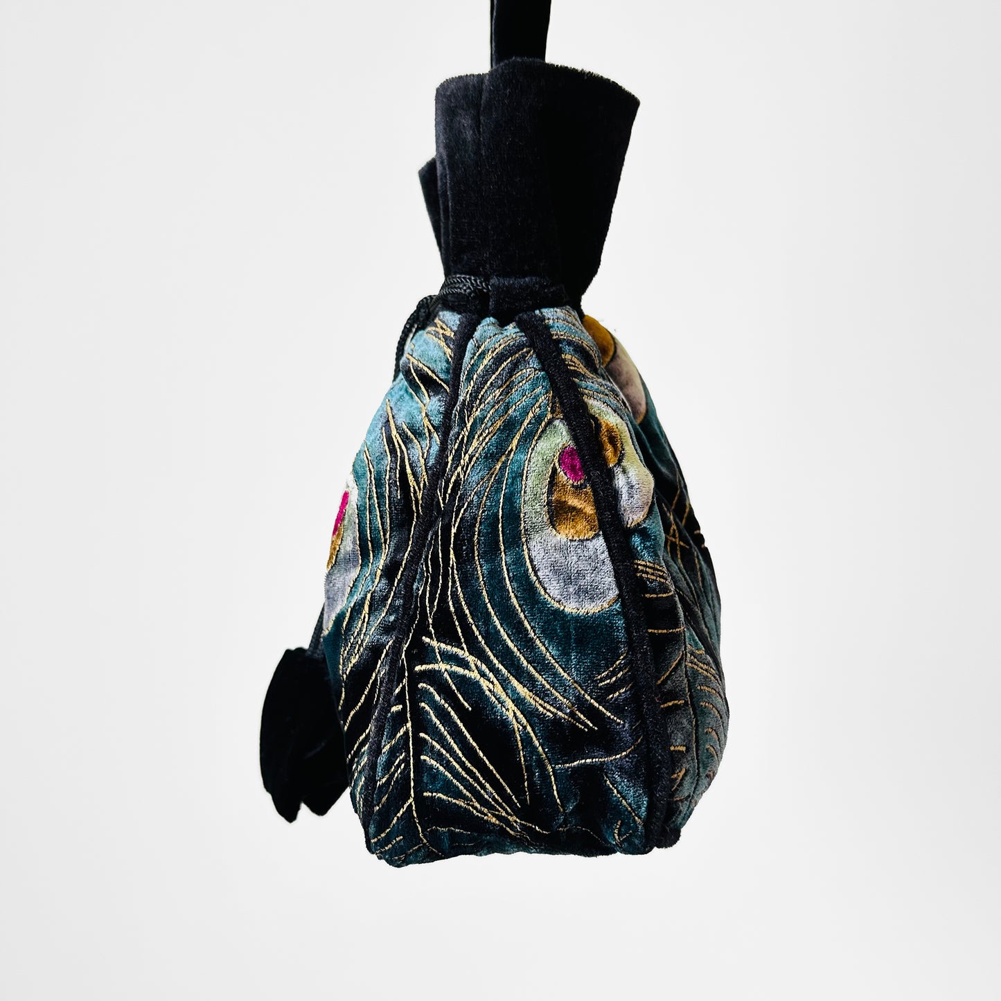 Black and Teal Blue Velvet Peacock Feather Drawstring Pouch