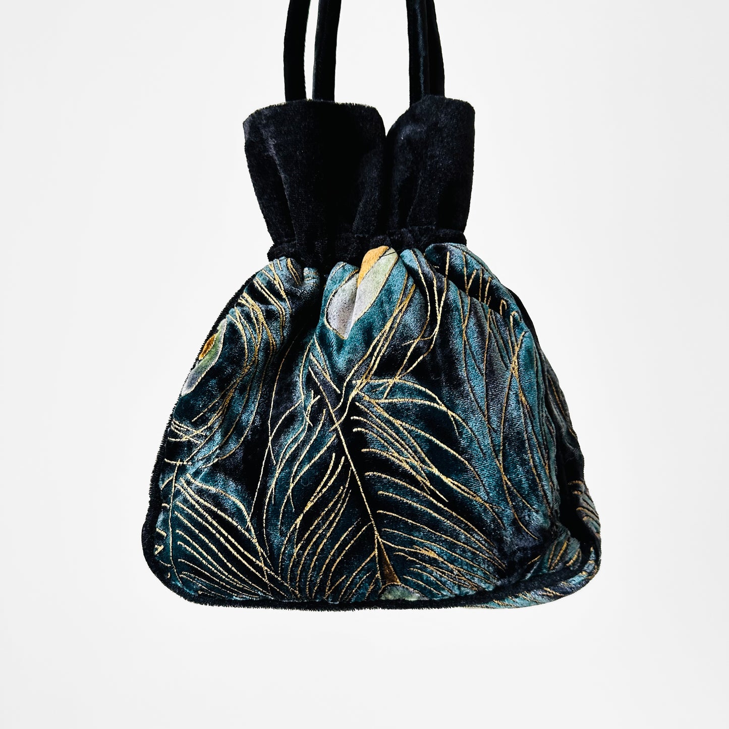 Black and Teal Blue Velvet Peacock Feather Drawstring Pouch