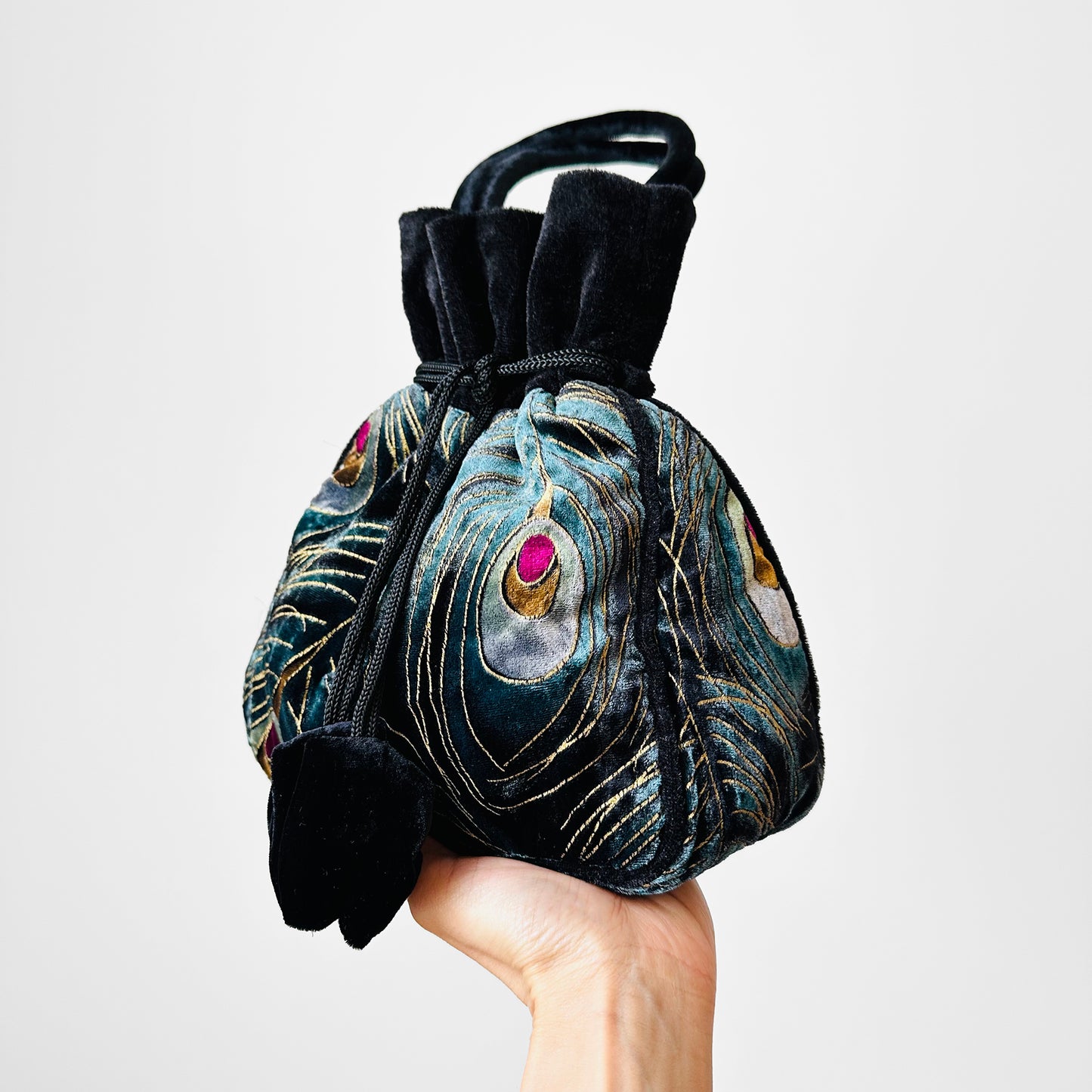 Black and Teal Blue Velvet Peacock Feather Drawstring Pouch