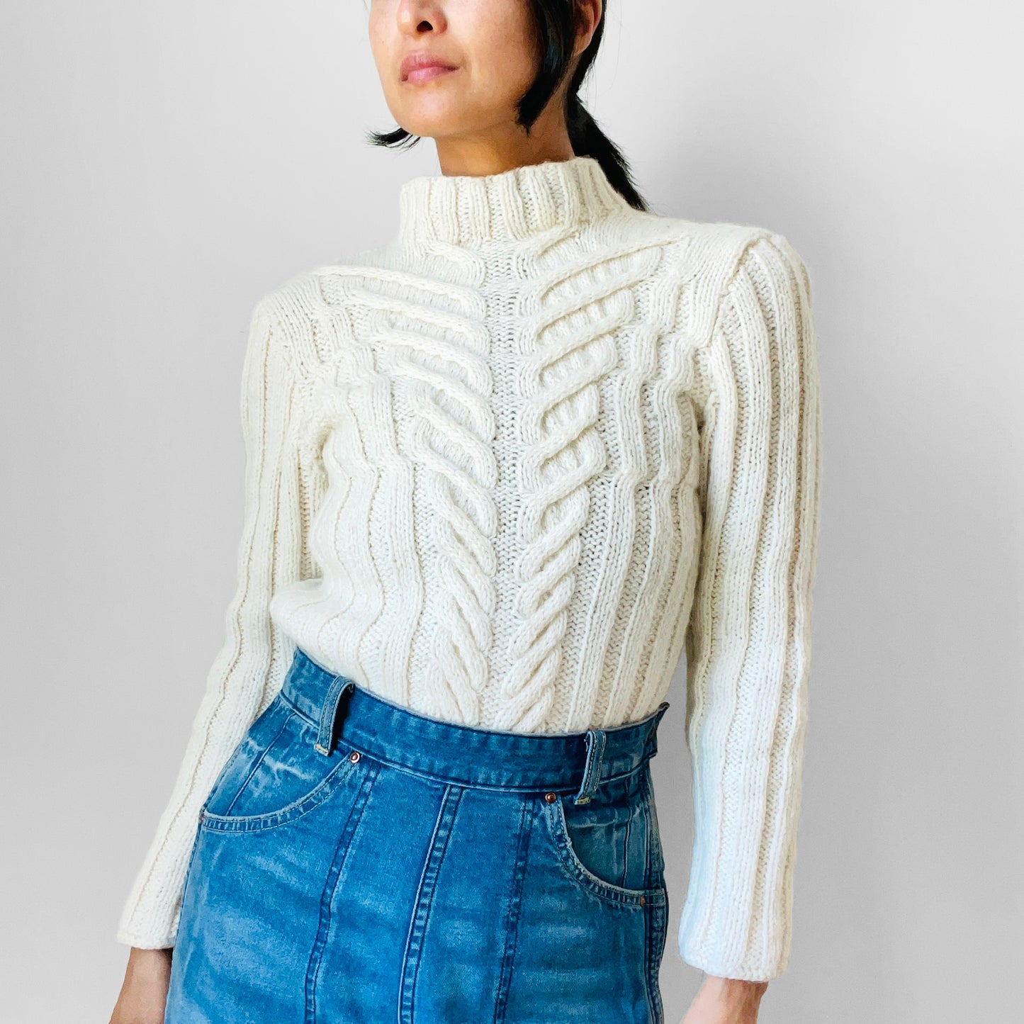 Cream Wool Cable-Knit Mock Neck Fitted Ribbed Knit Pullover Sweater