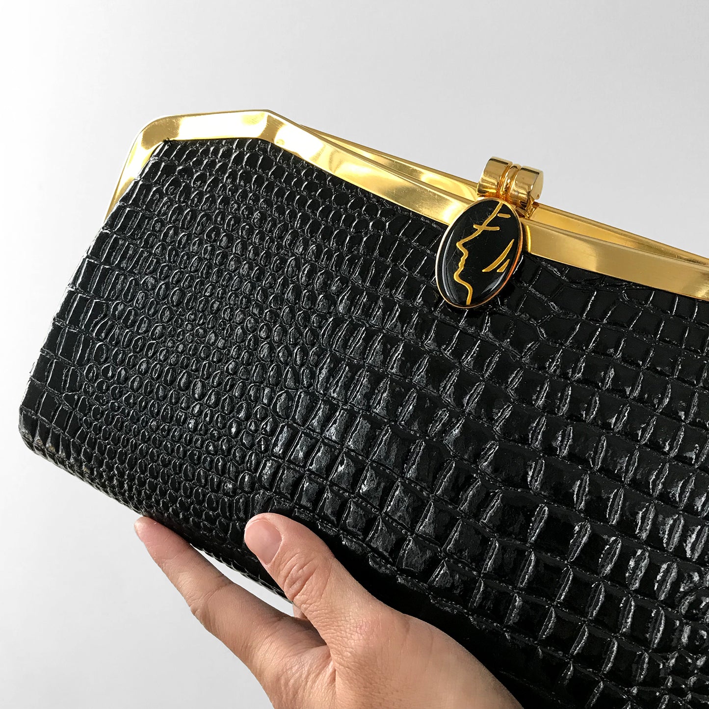 1980s Black Gold-Toned Face Clasp Faux-Leather Textured Clutch Purse