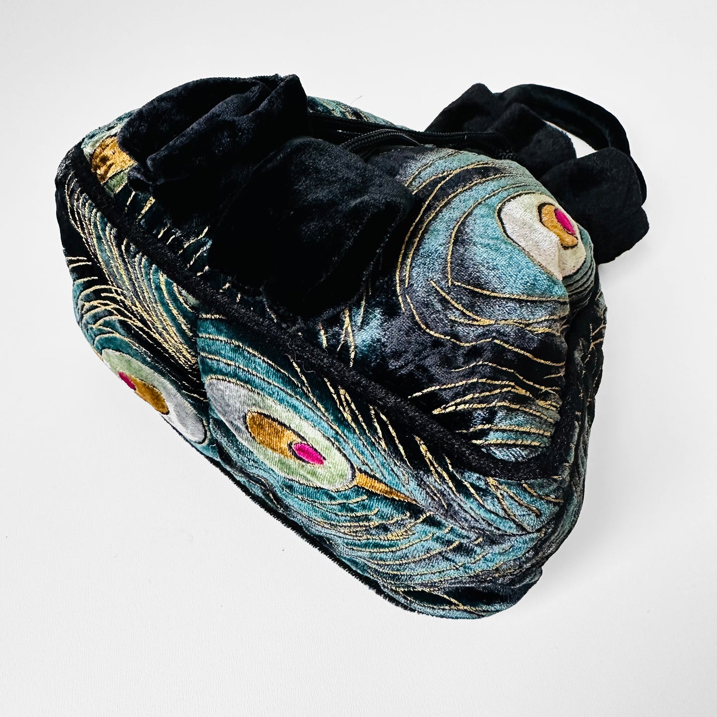 Black and Teal Blue Velvet Peacock Feather Drawstring Pouch