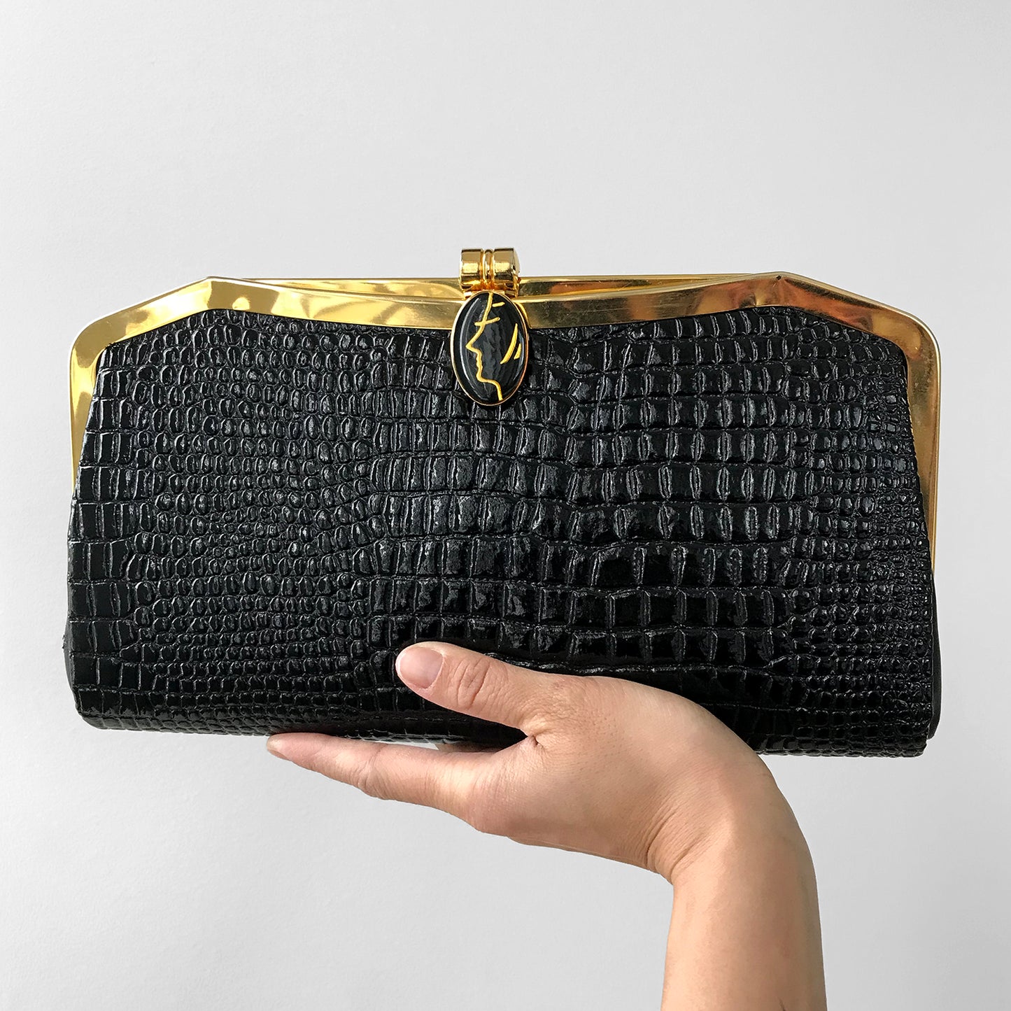 1980s Black Gold-Toned Face Clasp Faux-Leather Textured Clutch Purse