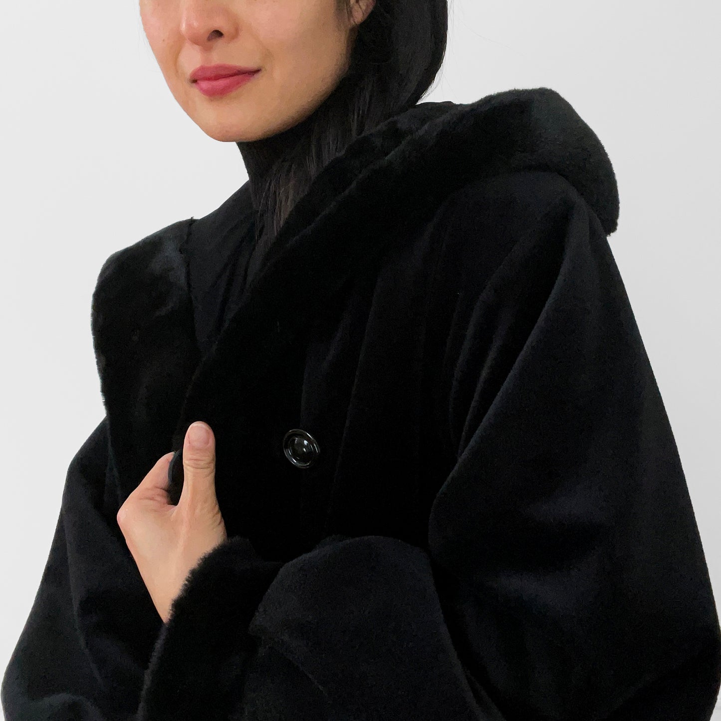 1980s Black Faux-Fur Reversible Hooded A-Line Coat