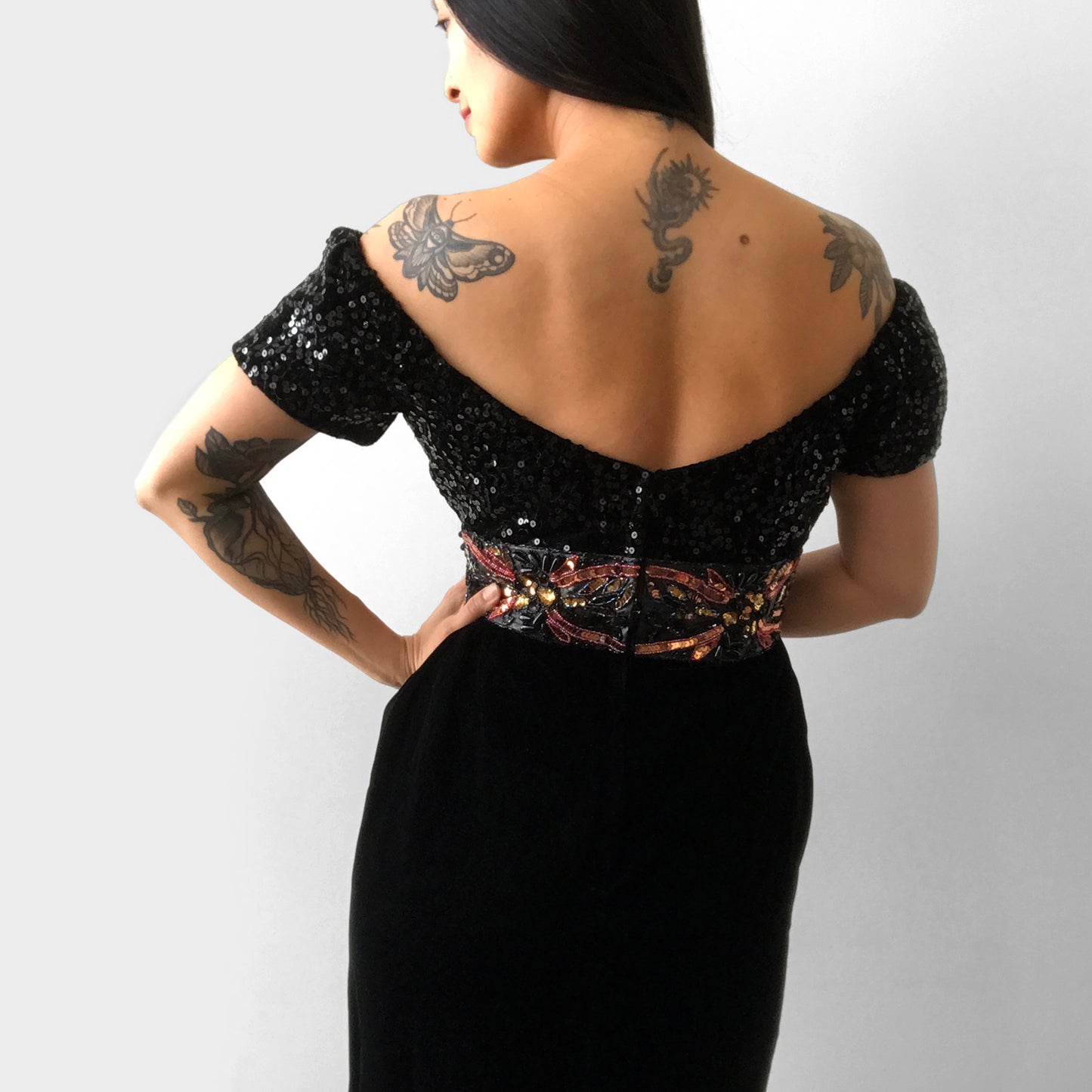 1980s Sequins Black Velvet Beaded Dress