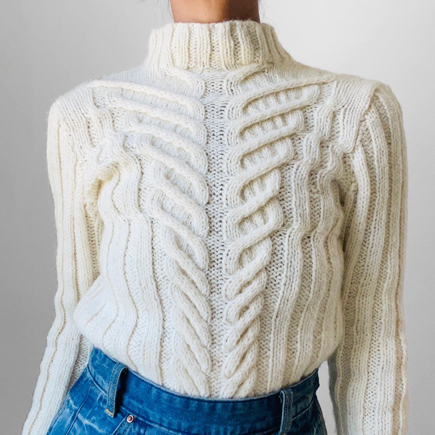 Cream Wool Cable-Knit Mock Neck Fitted Ribbed Knit Pullover Sweater