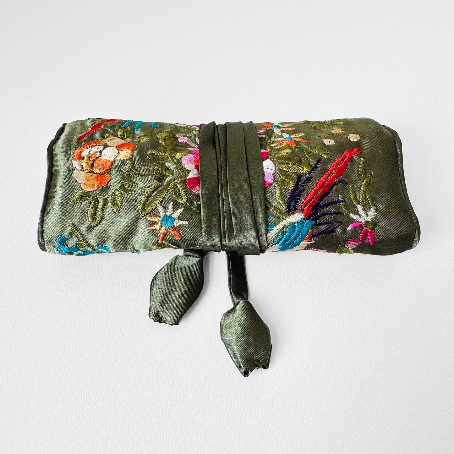 Sage Satin Embroidered Jewelry Roll Case