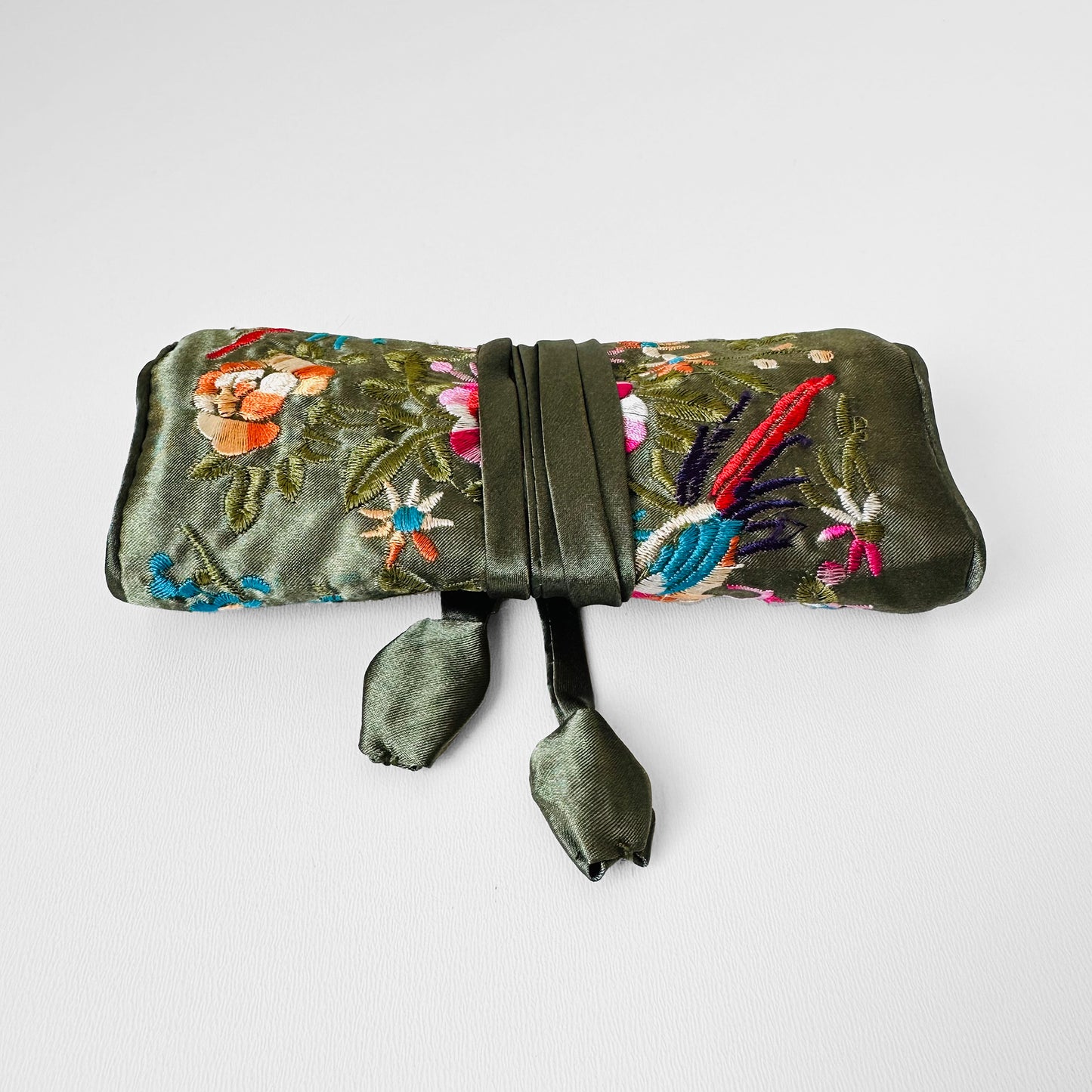 Sage Satin Embroidered Jewelry Roll Case