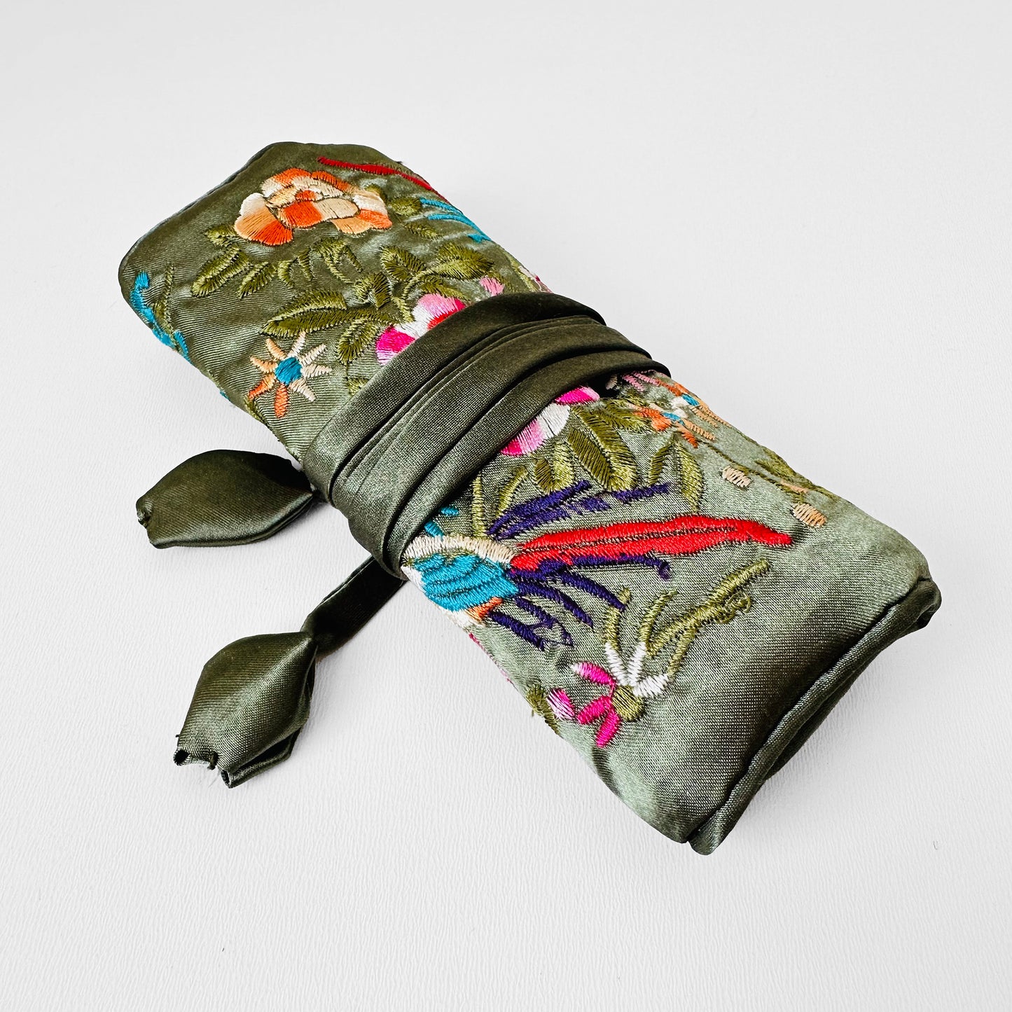 Sage Satin Embroidered Jewelry Roll Case