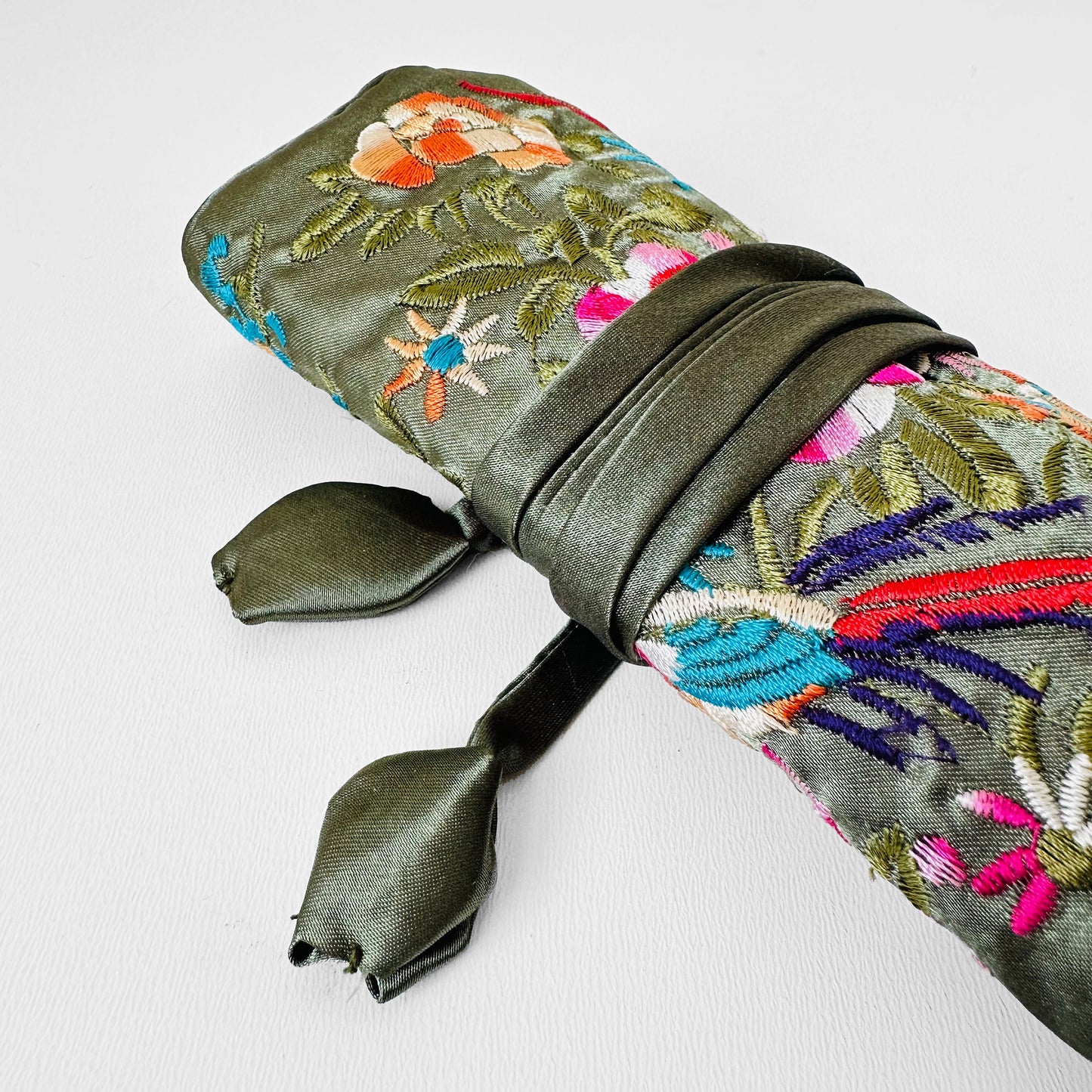 Sage Satin Embroidered Jewelry Roll Case