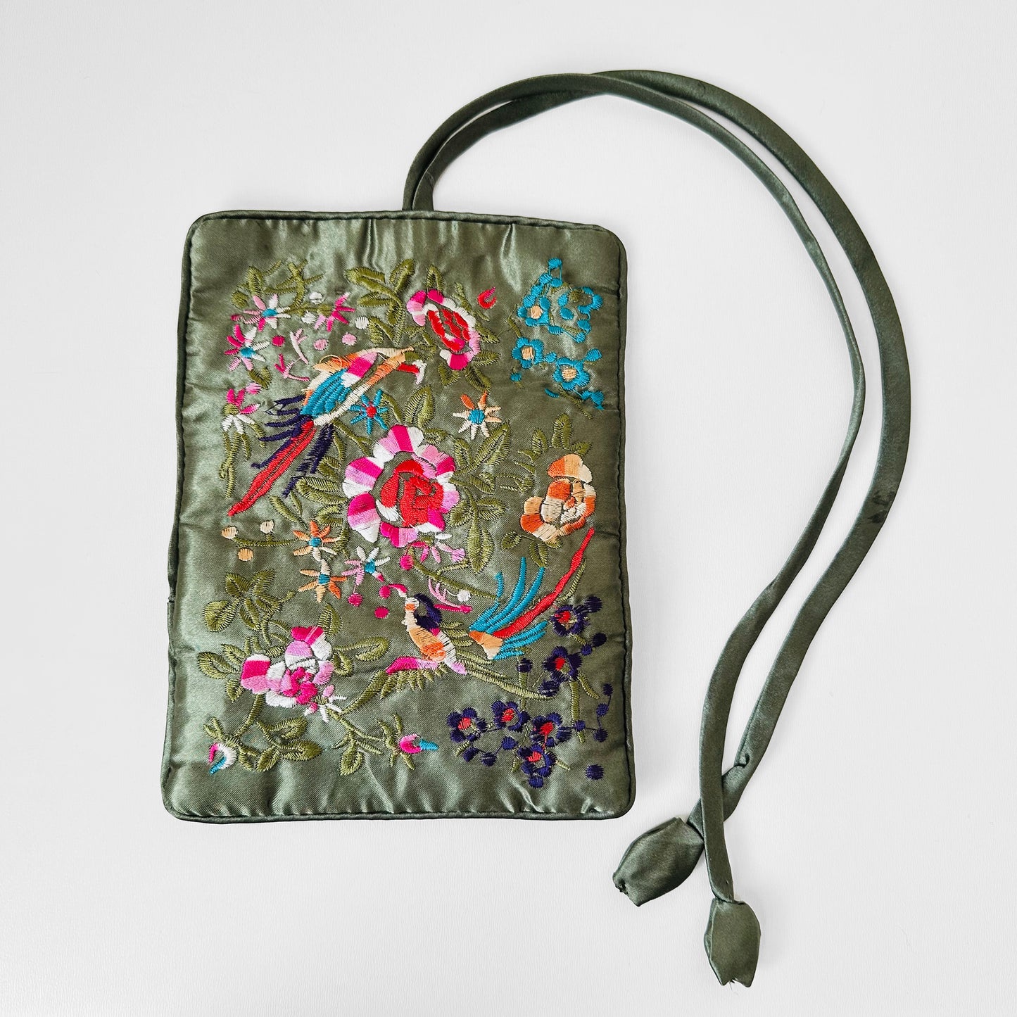 Sage Satin Embroidered Jewelry Roll Case